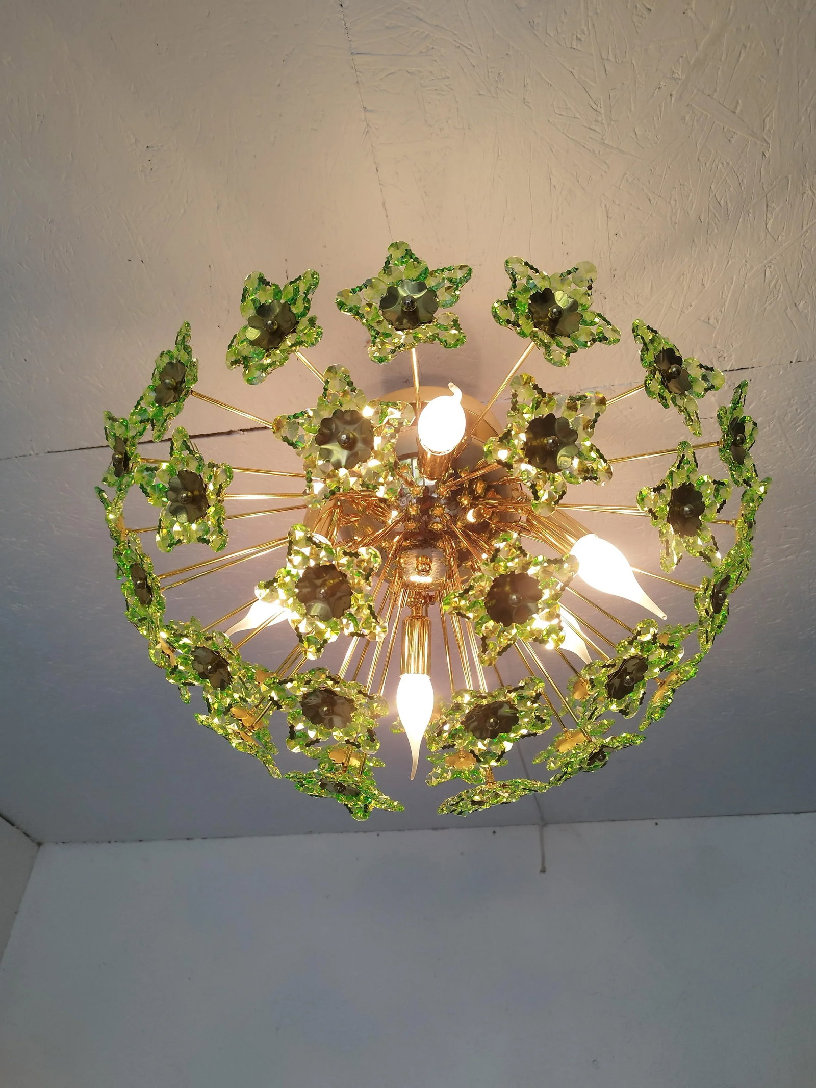 1980s Flush Mount Vintage Green Crystals Chandelier Lighting - 5