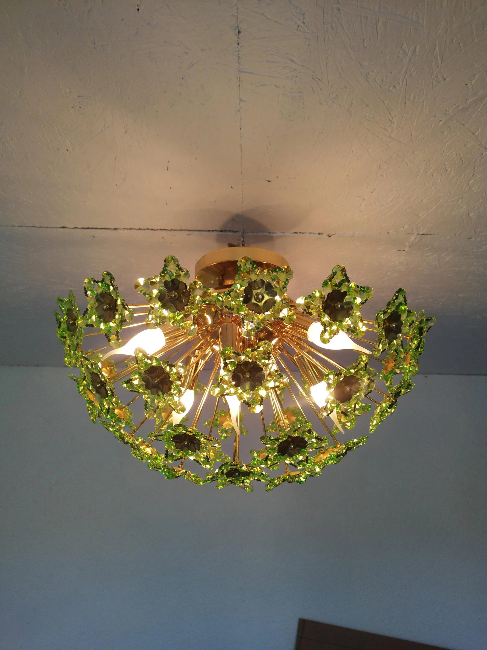 1980s Flush Mount Vintage Green Crystals Chandelier Lighting - 6