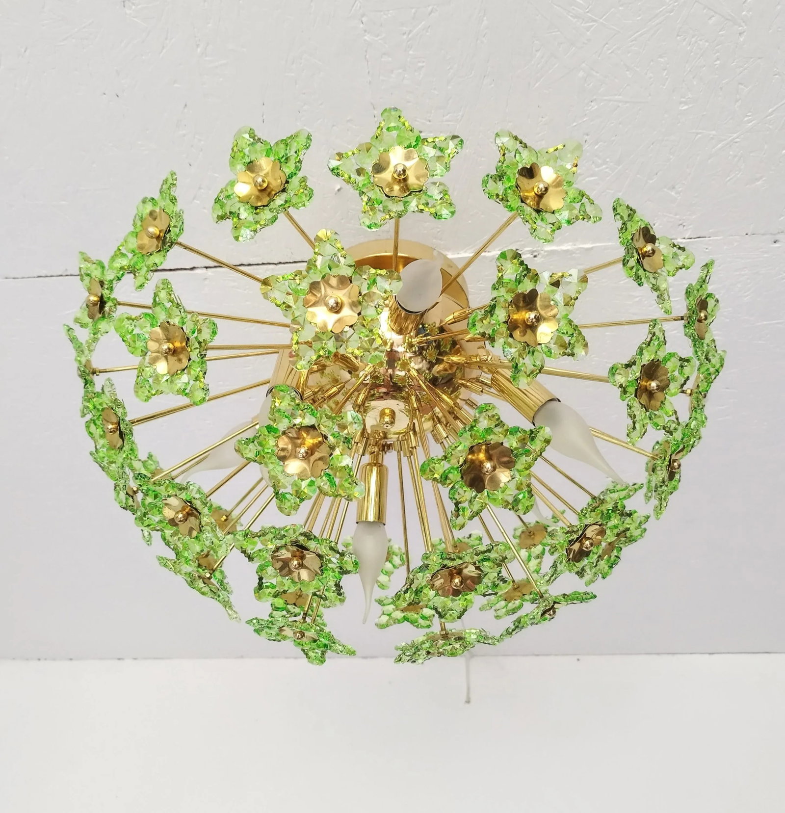 1980s Flush Mount Vintage Green Crystals Chandelier Lighting - 8