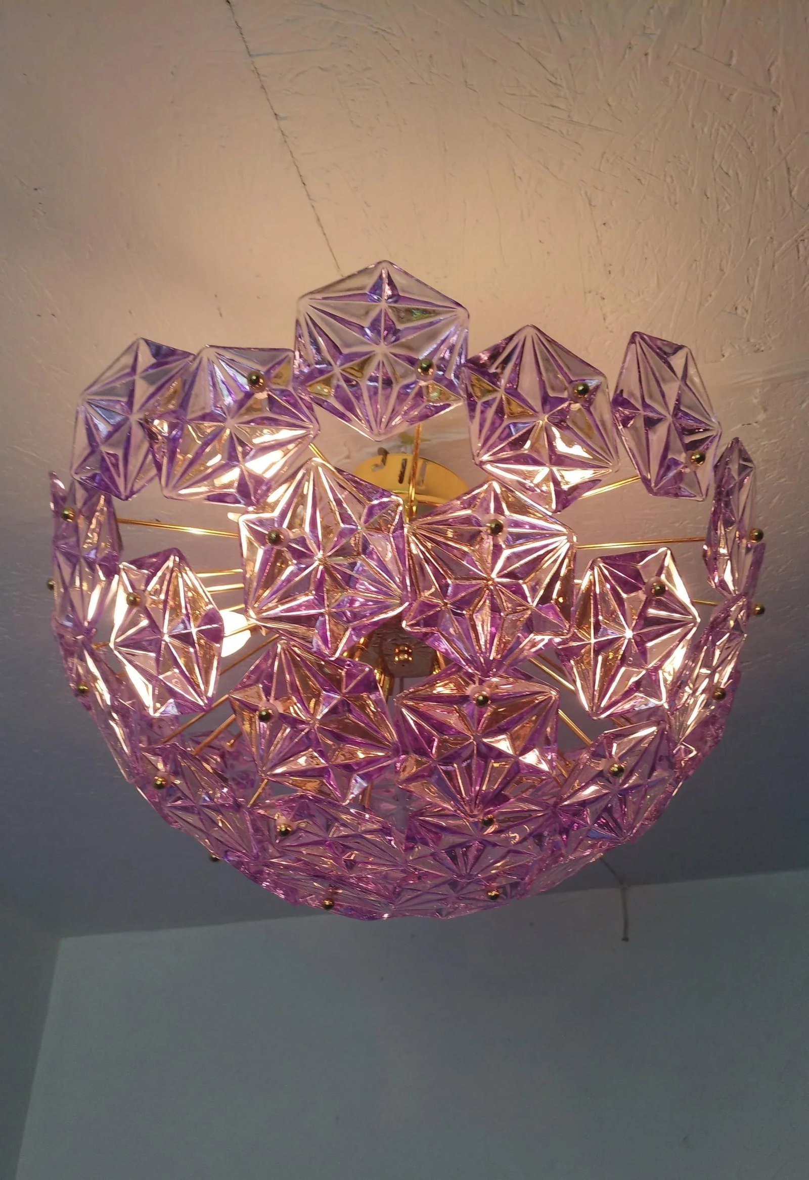 1990s Mid-Century Modern Sputnik Flush Mount Chandelier Purple Diamond-Cut Glass Lighting - 5