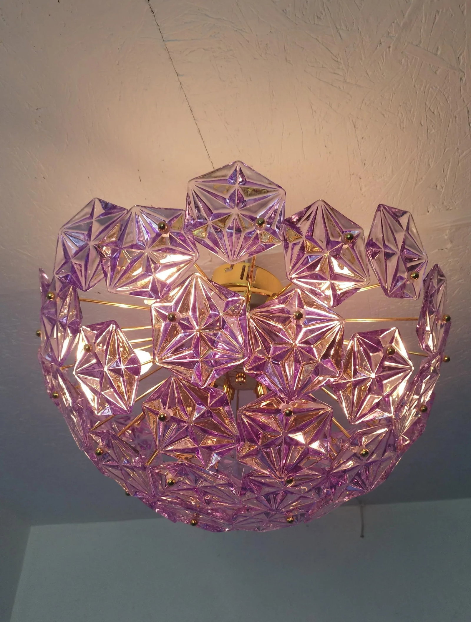 1990s Mid-Century Modern Sputnik Flush Mount Chandelier Purple Diamond-Cut Glass Lighting - 6