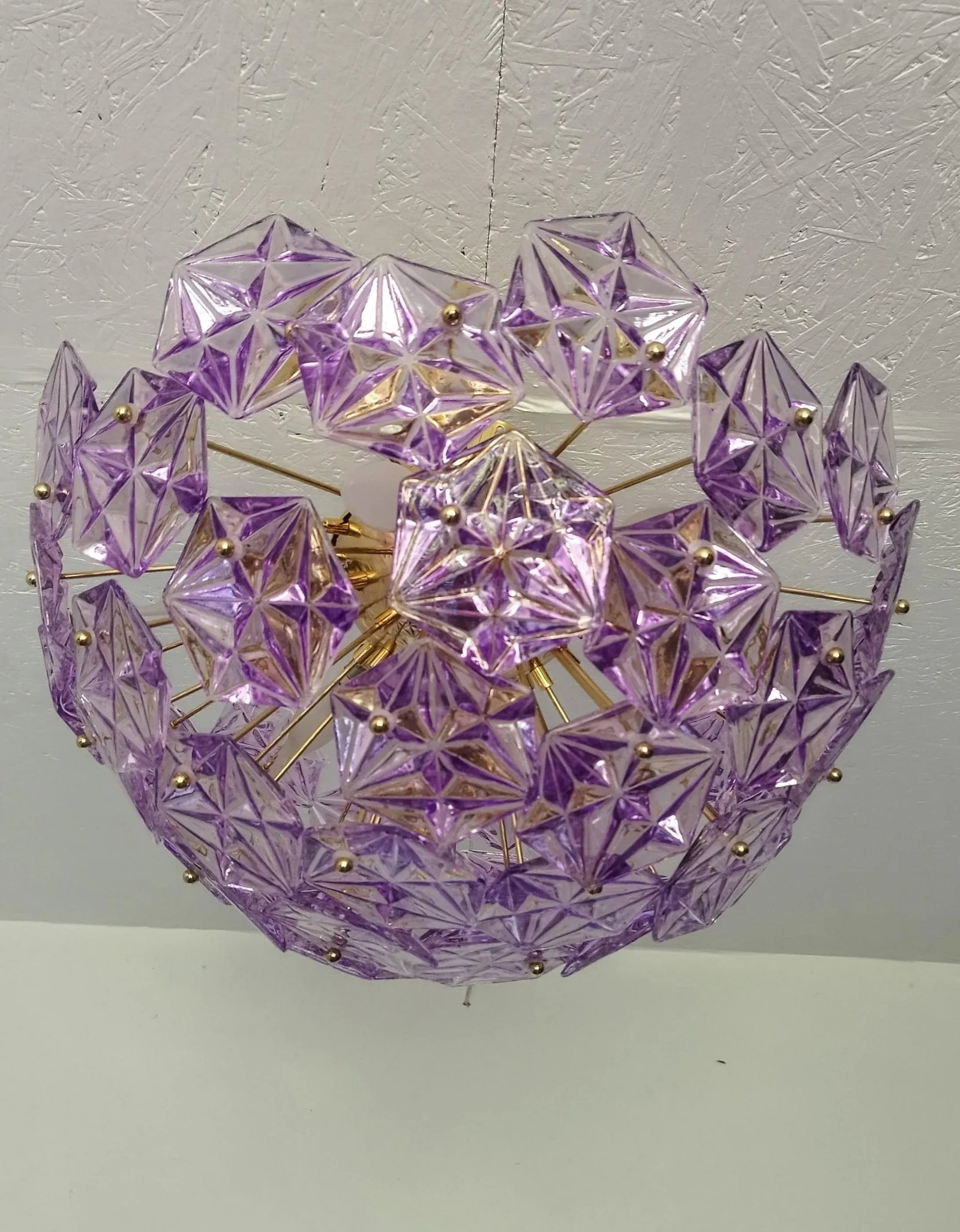 1990s Mid-Century Modern Sputnik Flush Mount Chandelier Purple Diamond-Cut Glass Lighting - 8