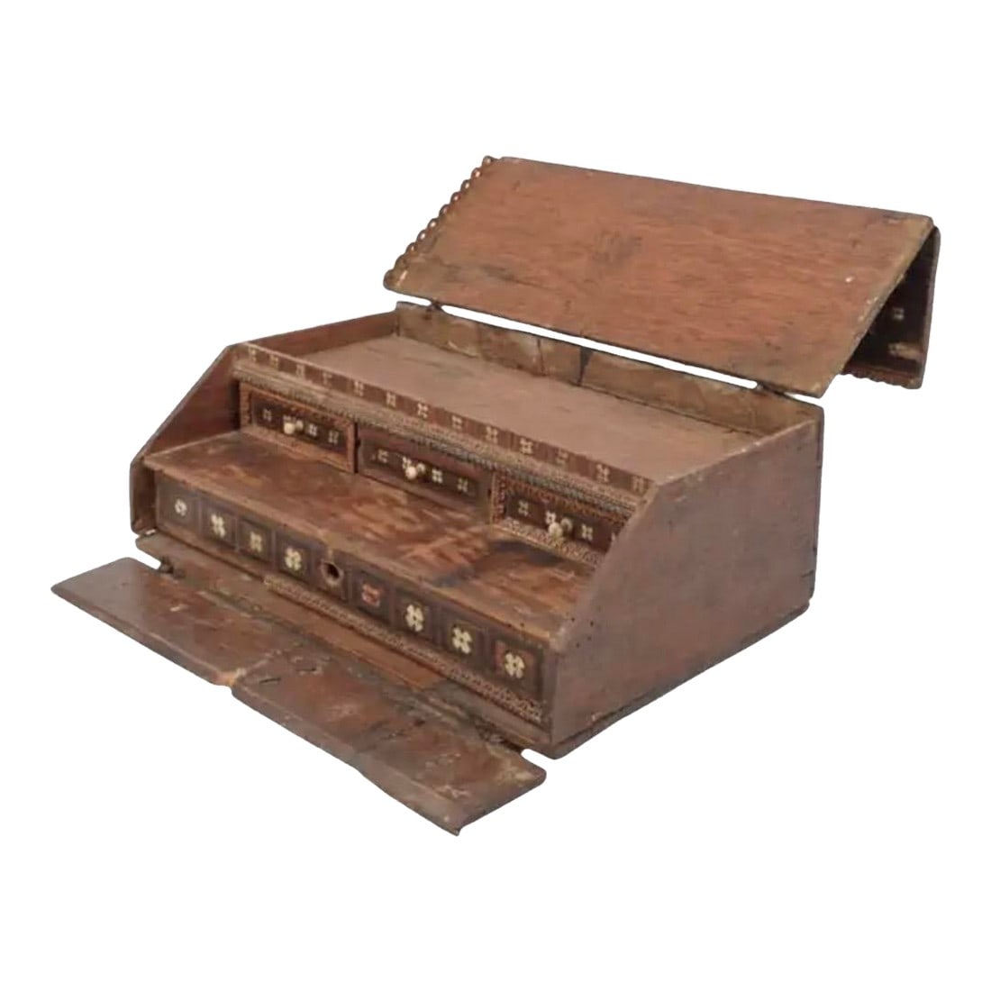 Spanish Colonial Inlaid Travel Desk, Wood and Iron, 17th Century: Spanish Colonial Inlaid Travel Desk with Bone and Iron Mounts. Features a wooden foundation with wrought iron-mounted hinges and a hand-cut plate. The piece is beautifully inlaid with carved bone in