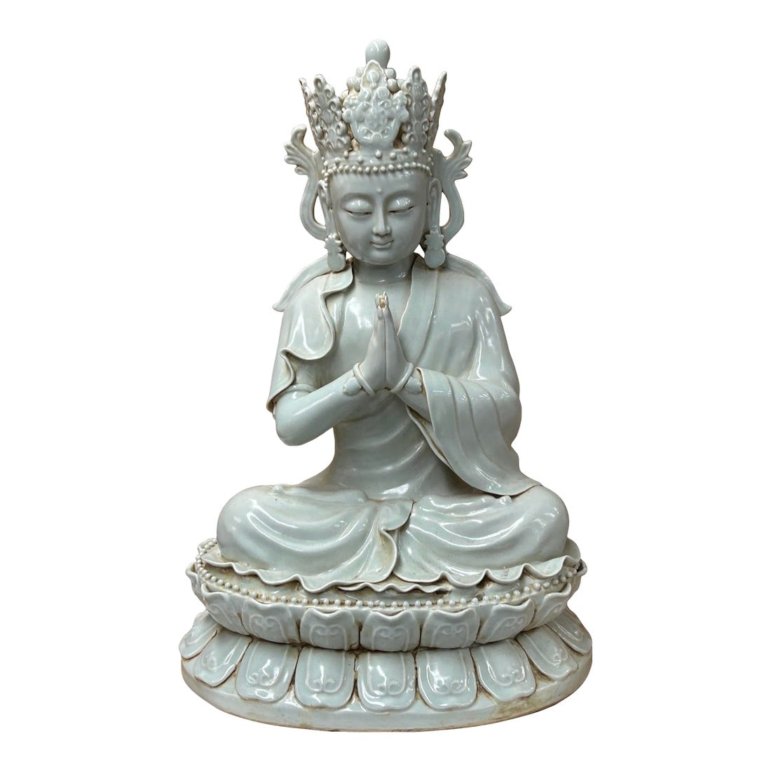 Pale Celadon White Anjali Mudra GuanYin Bodhisattva Tong Style Porcelain Statue: Elevate your space with this stunning ceramic Bodhisattva sculpture, a masterpiece of serene artistry. Crafted with a delicate, pale celadon glaze, the piece radiates tranquility and grace. The