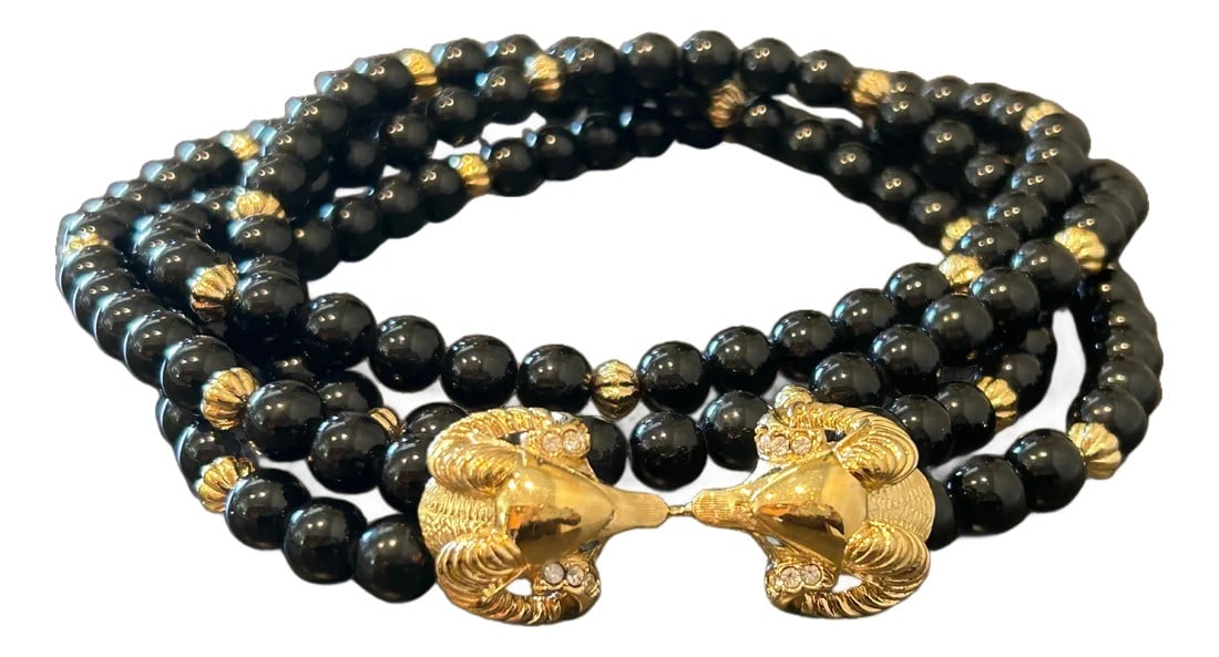 Vintage Kenneth Jay Lane for Avon Double-Strand Black Beaded Necklace With Jeweled Ram's Head Clas: Vintage Kenneth Jay Lane for Avon Double-Strand Black Beaded Necklace with Jeweled Ram's Head Clasp – 1980s Statement Designer Jewelry Elevate your vintage jewelry collection with this