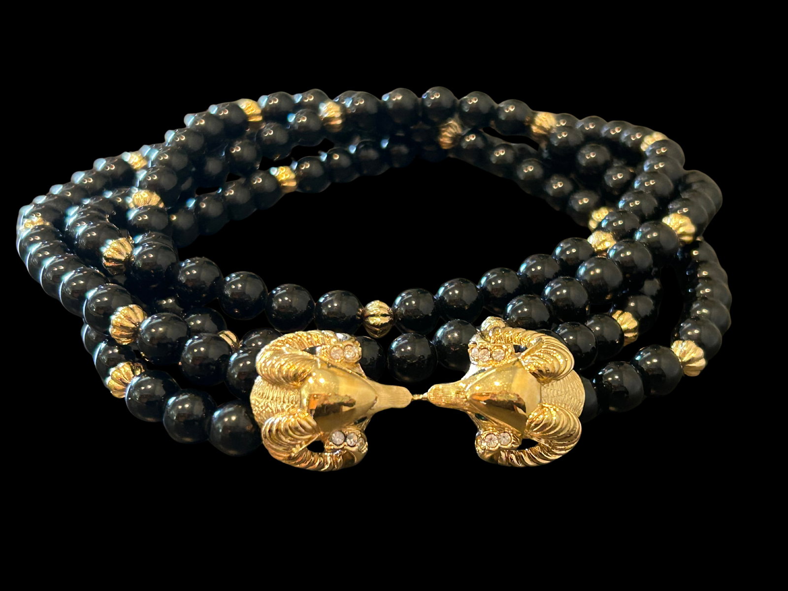 Vintage Kenneth Jay Lane for Avon Double-Strand Black Beaded Necklace With Jeweled Ram's Head Clas - 2
