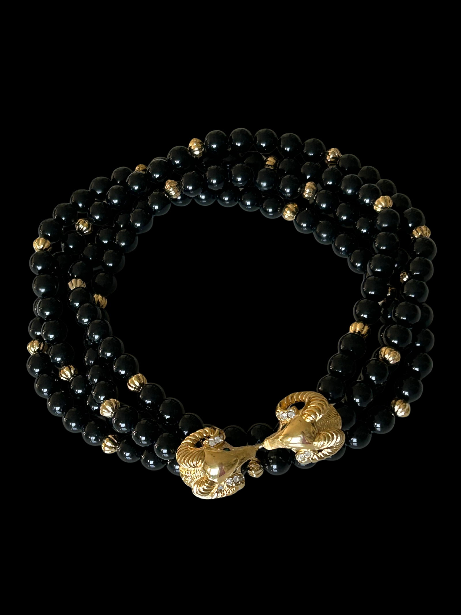 Vintage Kenneth Jay Lane for Avon Double-Strand Black Beaded Necklace With Jeweled Ram's Head Clas - 3