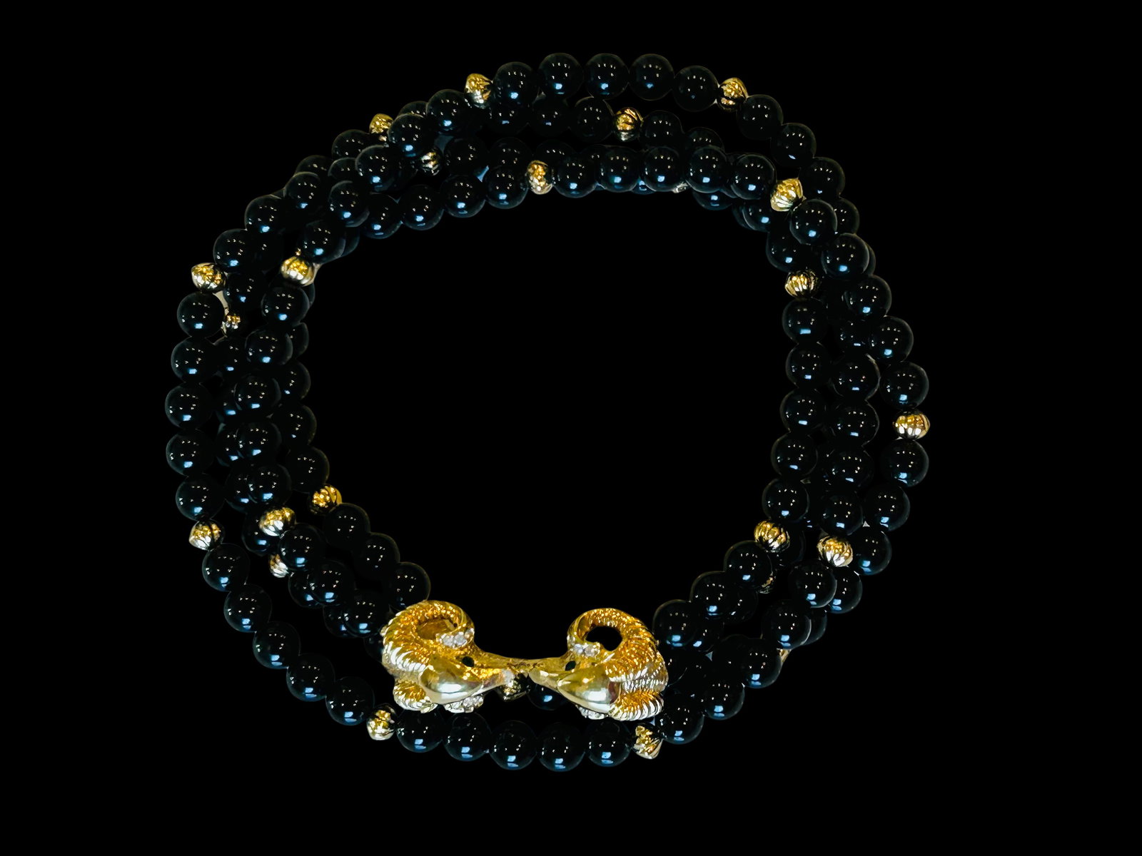 Vintage Kenneth Jay Lane for Avon Double-Strand Black Beaded Necklace With Jeweled Ram's Head Clas - 6