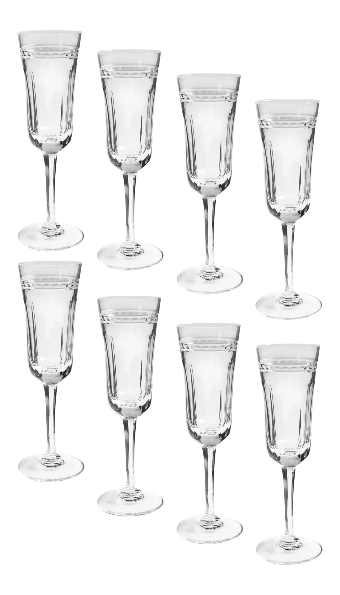 1960s Wedgwood Crystal Stem Glasses - Set of 8 Champagne Flutes: Wedgwood blown glass crystal fluted champagne glasses. Elegant band surrounding the top with faceted stems. Maker's mark etched in the stem. For over 260 years Wedgwood Product Design and