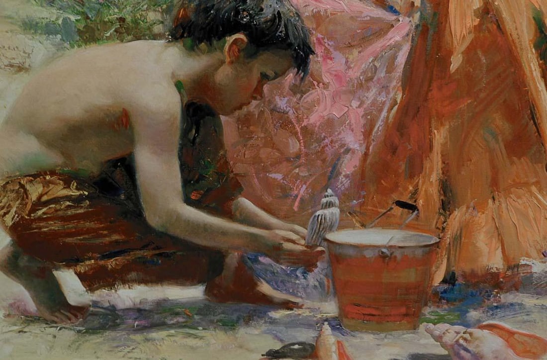 Pino "Gathering Seashells" on Canvas Hand Signed & Embellished W/ Custom Frame - 6