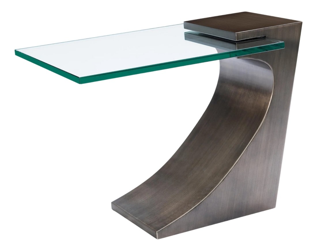 Modern Greg Sheres Style Walnut and Bronze Cocktail Table: Modern Bronze lamp table designed by Greg Sheres. Cantilevered 3/4" glass top. This sculptural bronze table is one of Greg's classic designs. It can be paired with the matching cocktail table to