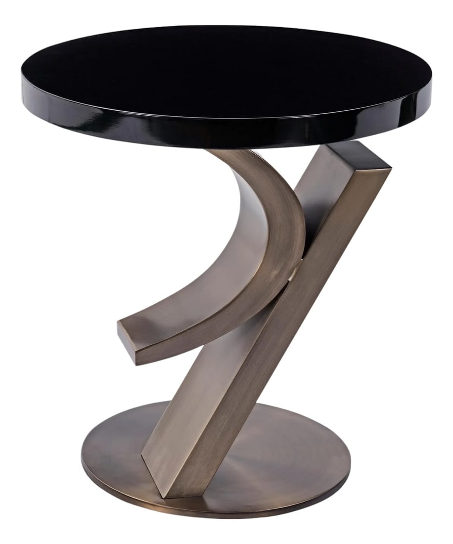 Modern Greg Sheres Style Bronze and Lacquer End Table: Bronze and lacquer end table designed by Greg Sheres. Now in stock. Sophisticated original sculpture in Antiqued Bronze. The polished Black lacquer top is designed so that it appears to float in the