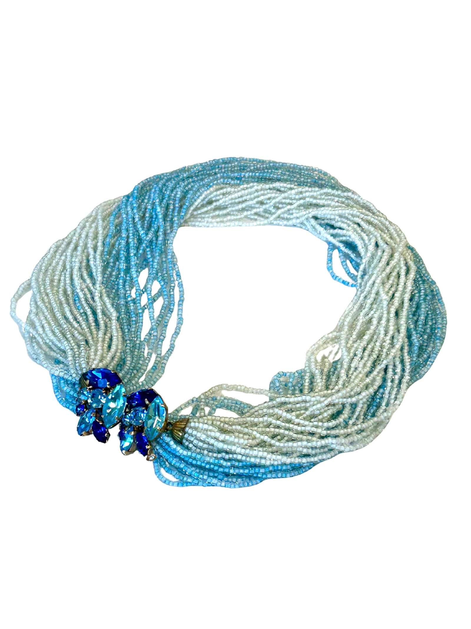 Vintage 1980s Sky Blue and White Seed Bead Torsade Necklace – Murano Glass Style, Moonglow - 3