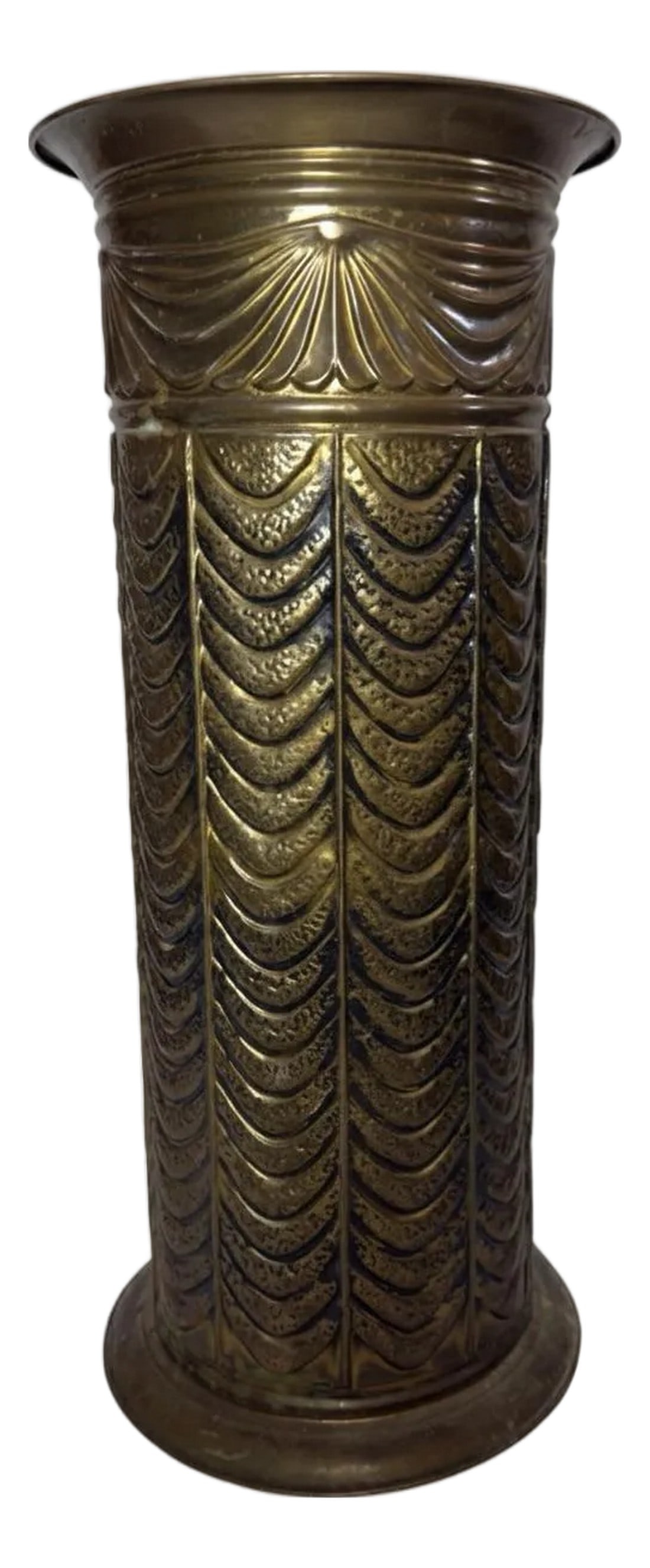 Vintage Neoclassical Style Embossed Brass Umbrella Stand: Elevate your study or entryway with this stunning vintage English Repoussé Brass Vessel, a true piece of decorative luxury from the early 20th century. Adorned with a richly detailed, all-around