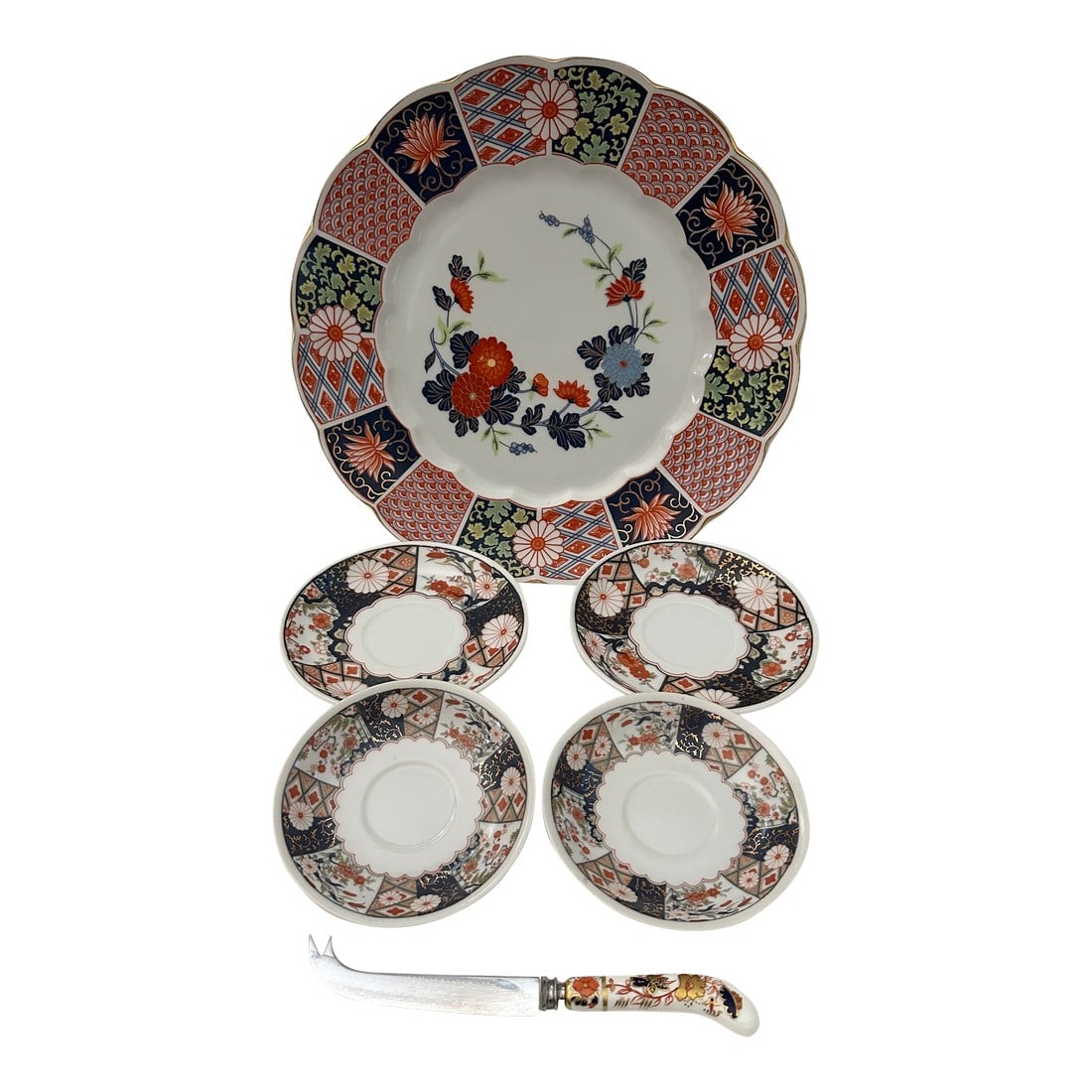 Mid 20th Century Royal Crown Derby 6 Piece Dish Set: Royal Crown Derby set of 6 pieces. Add to your collection, these were singles that I acquired all at different Estate Sales. 1-12in plate-Imari 2-Mikado sm saucer 2-Capuchin saucer 1-Cheese Knife 