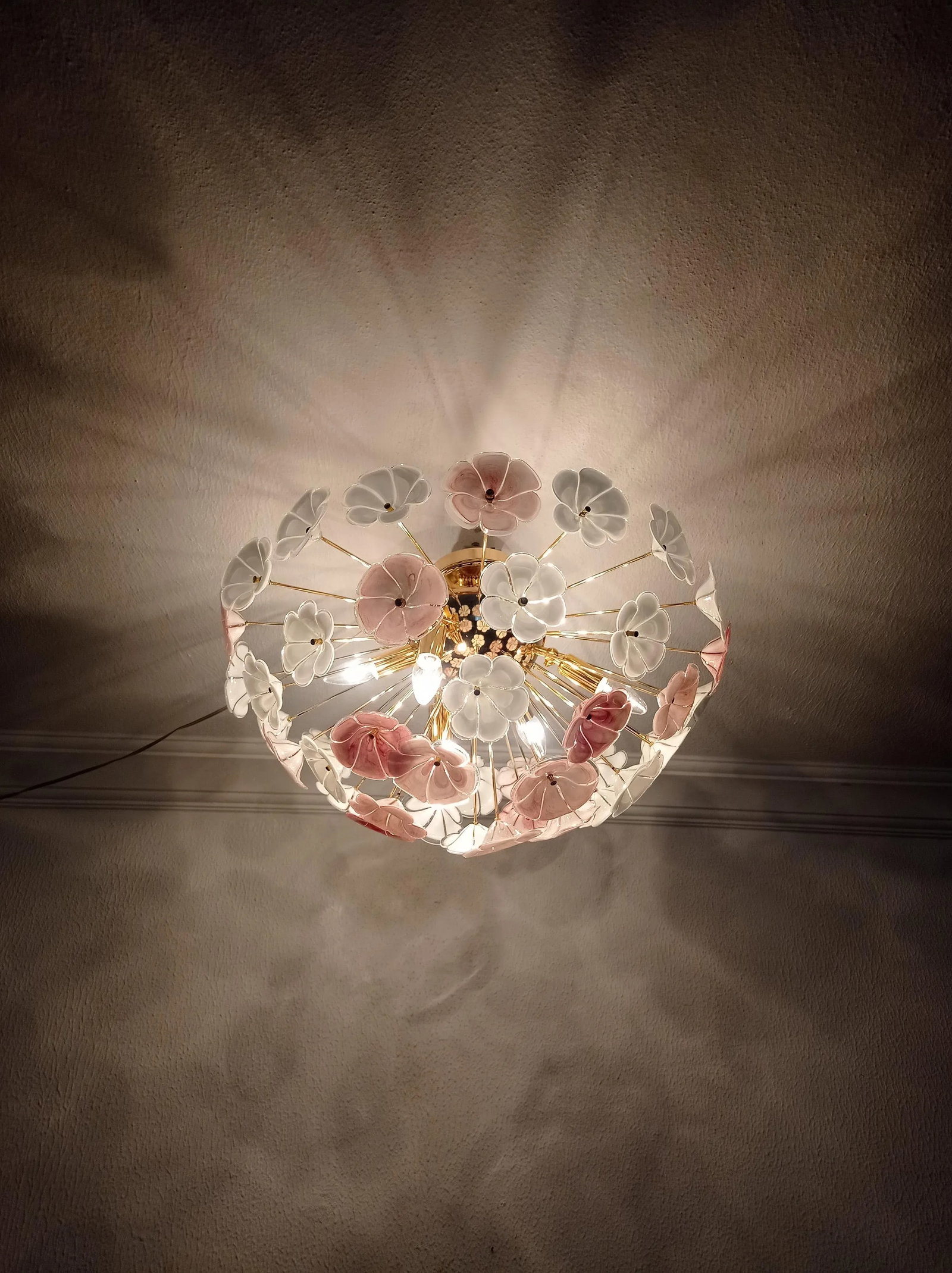 1970s Sputnik Chandelier Pink White Flush Mount Lighting - 11