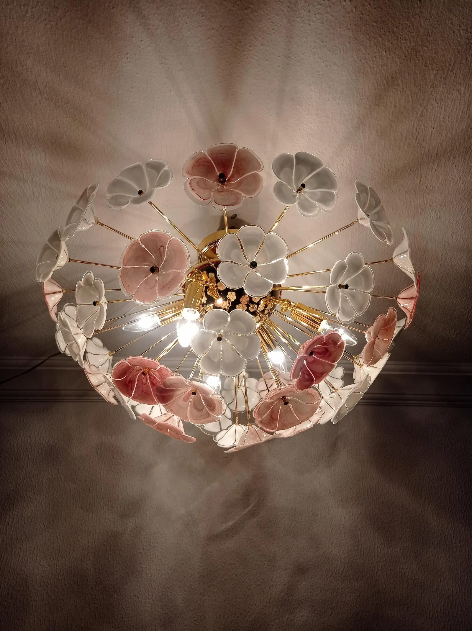 1970s Sputnik Chandelier Pink White Flush Mount Lighting - 7