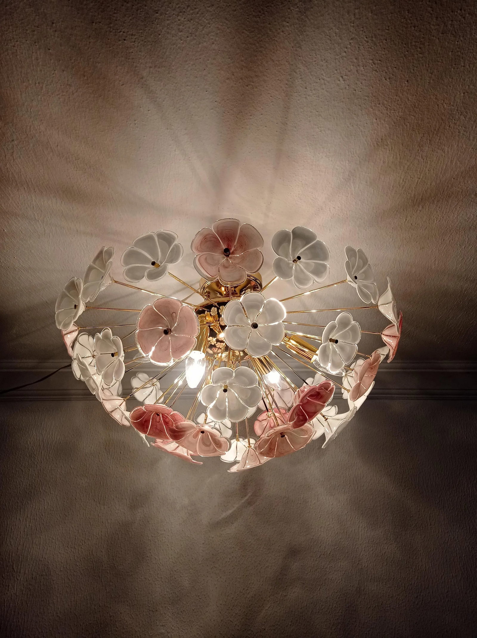 1970s Sputnik Chandelier Pink White Flush Mount Lighting - 9