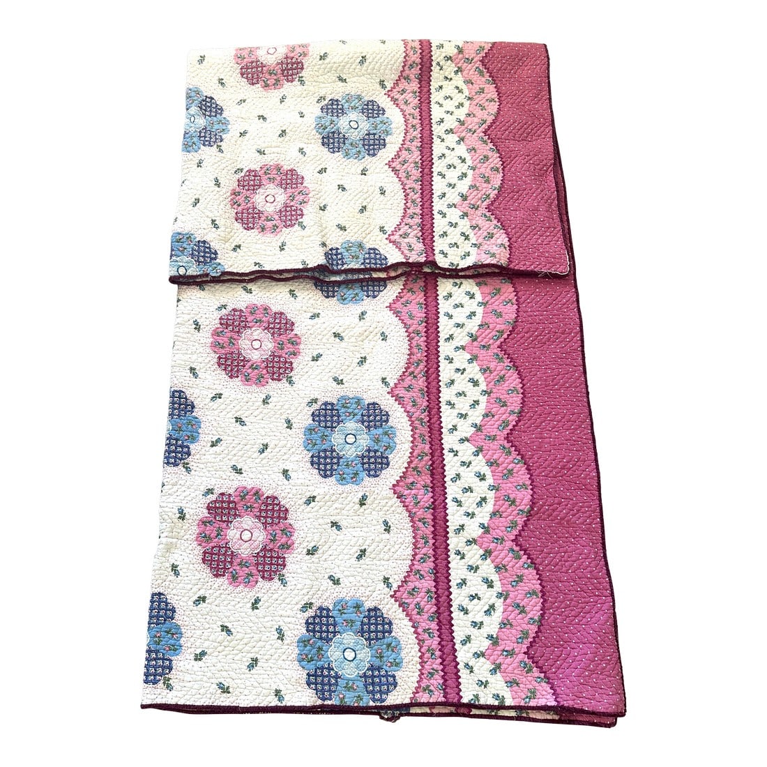 Vintage Floral Pattern Quilt Coverlet: Vintage Quilt with blue and burgundy flowers with a scallop print boarder. Quilted throughout floral on floral patterns. Perfect for a girls room. 64in w x 80 Make sure to follow me, I have flash
