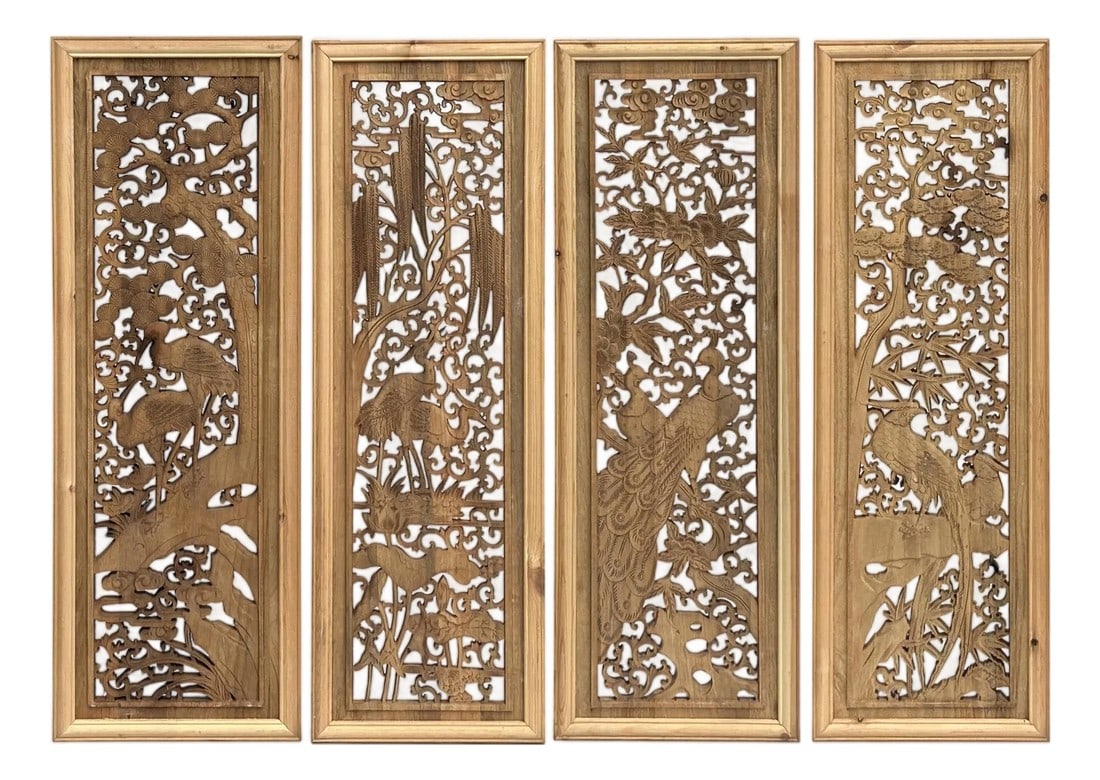 Set 4 Chinese Raw Wood Flower Birds Carving Wall Panels: These exquisite wooden wall panels are a masterful celebration of East Asian decorative artistry, each one a delicate symphony of openwork carving executed with breathtaking precision. Crafted from