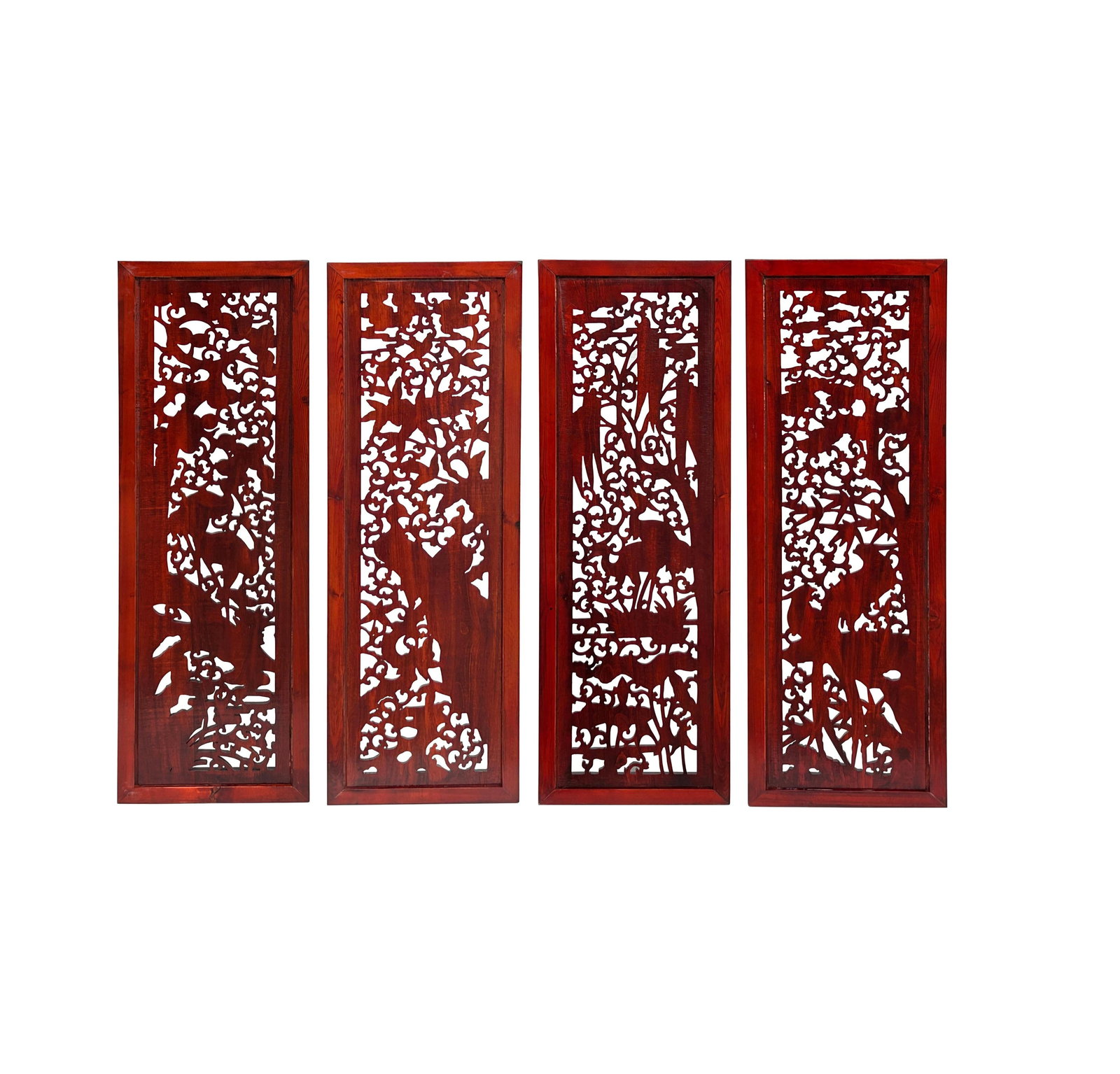 Set 4 Chinese Reddish Brown Wood Flower Birds Carving Wall Panels - 2