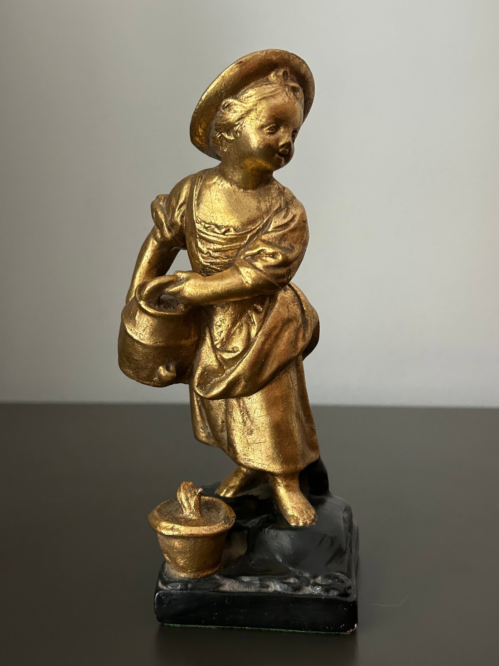 Vintage Borghese-Style Chalkware Girl With Buckets – Antique Farm Girl Figurine, Gold Gilt - 12