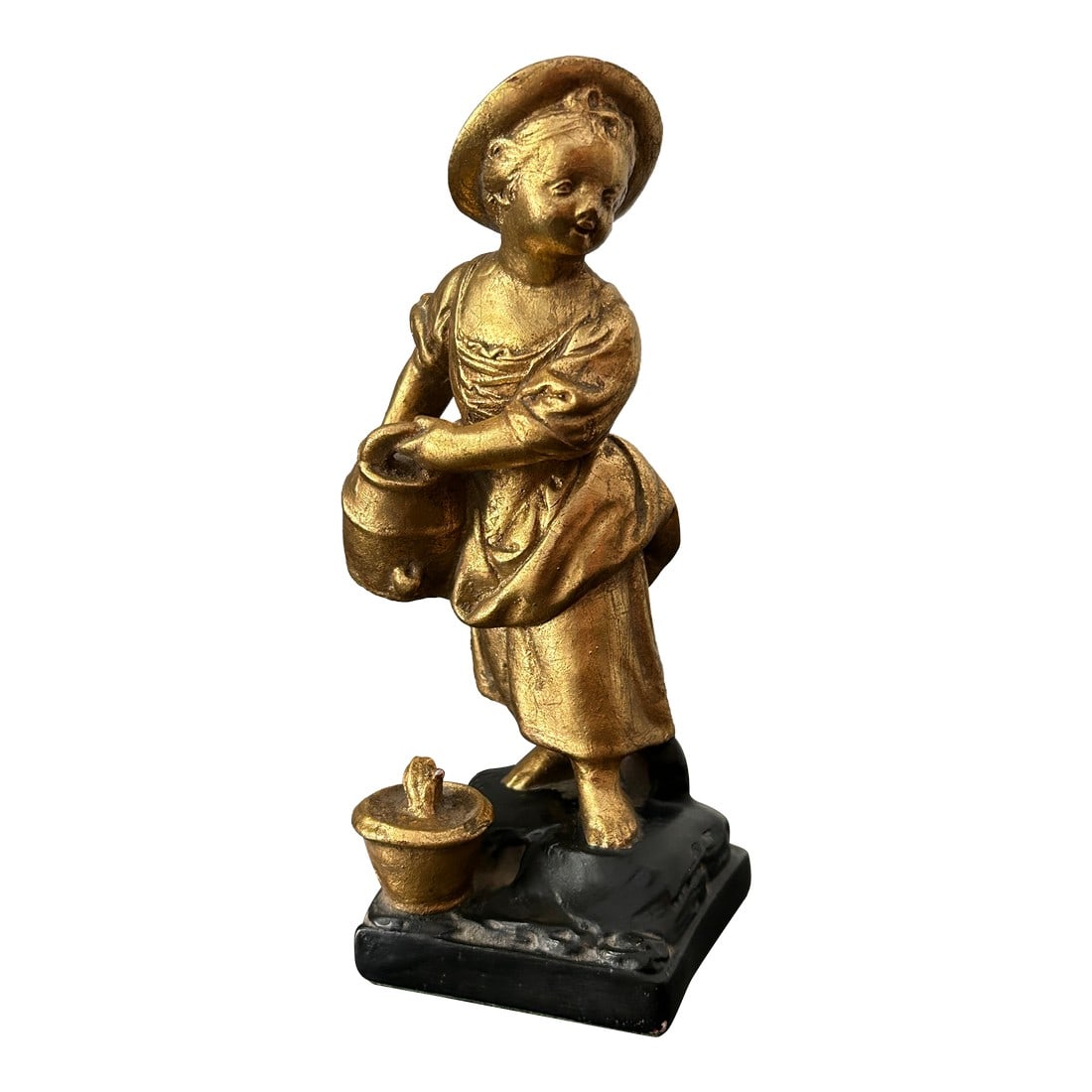 Vintage Borghese-Style Chalkware Girl With Buckets – Antique Farm Girl Figurine, Gold Gilt (1 of 13)
