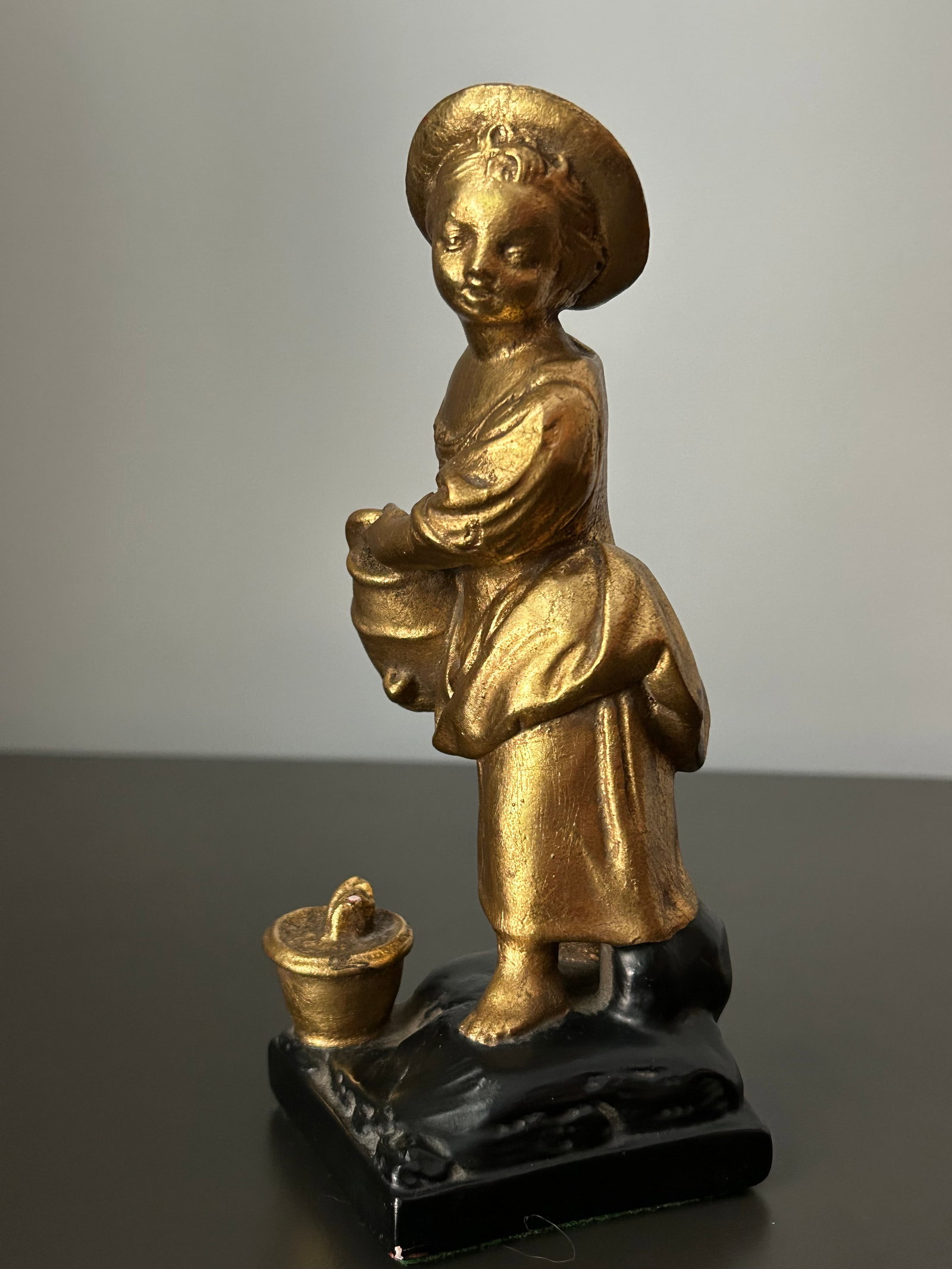 Vintage Borghese-Style Chalkware Girl With Buckets – Antique Farm Girl Figurine, Gold Gilt - 4