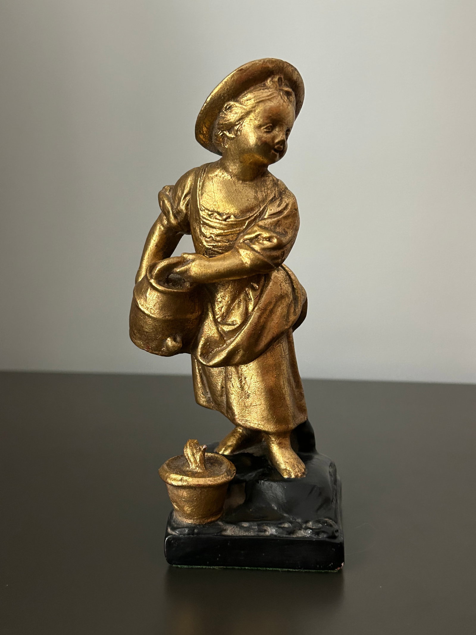 Vintage Borghese-Style Chalkware Girl With Buckets – Antique Farm Girl Figurine, Gold Gilt - 6