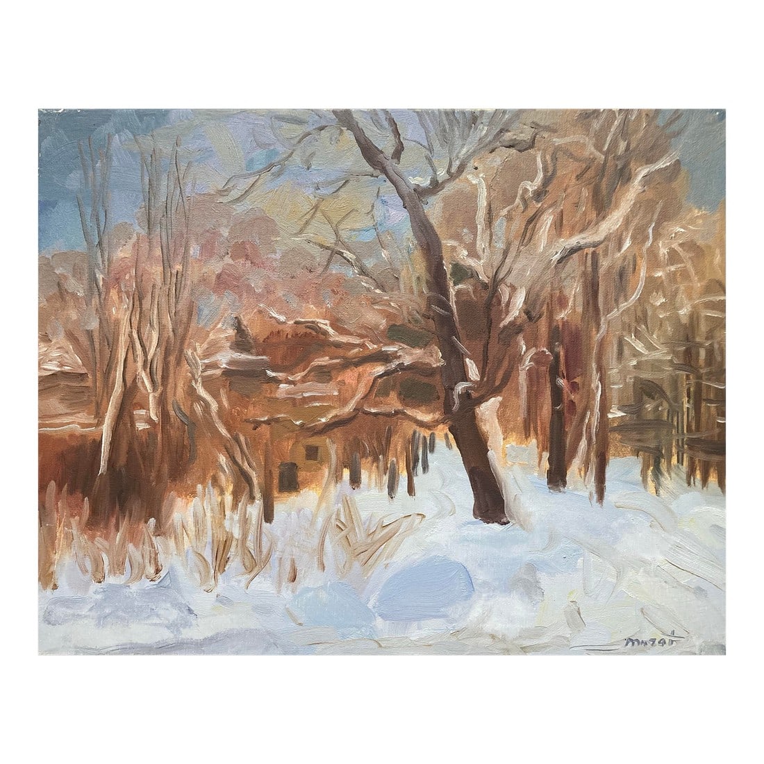 Vintage Oil Painting of a Winter Landscape by Murat Kaboulov (1939-2010): Winter landscape by Murat Kaboulov signed lower right and verso. Dated 2010. From artist estate. Unframed Condition: Alterations: Original Condition Unaltered Imperfections: Some Imperfections