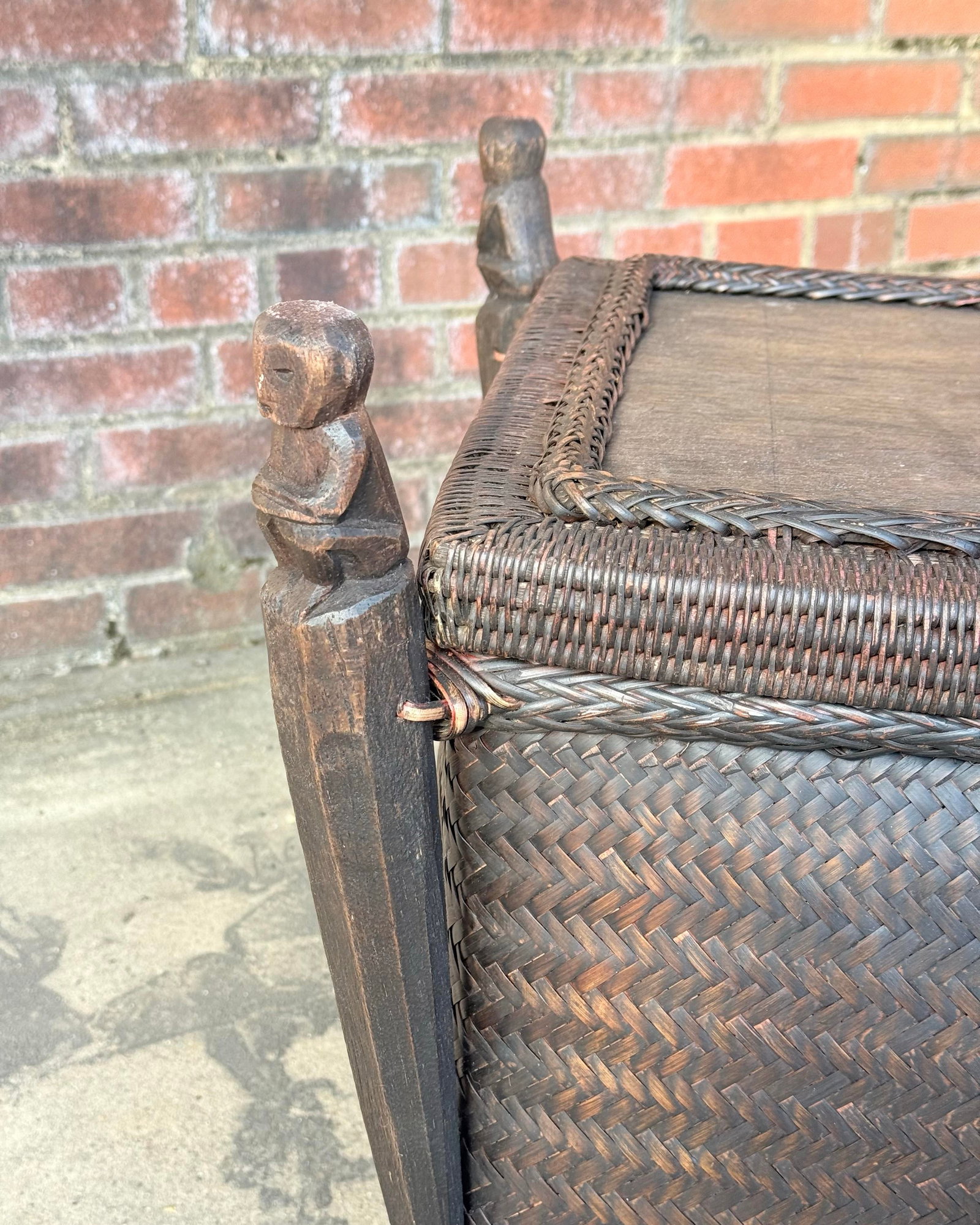 Chic Vintage Maximalist Tribal Rattan Storage Trunk / Japandi Coffee Table With Carved Guardians - 4