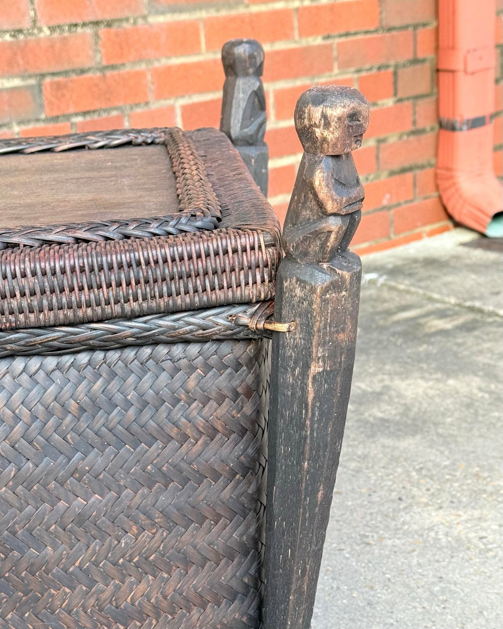 Chic Vintage Maximalist Tribal Rattan Storage Trunk / Japandi Coffee Table With Carved Guardians - 5