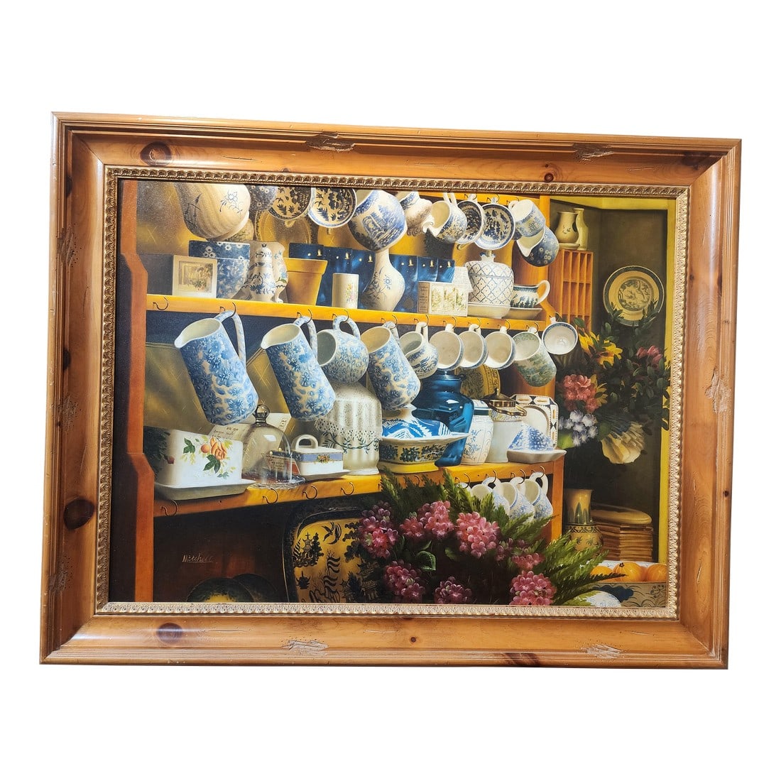 1990s Stunning Photo Realism Original Still Life Oil Painting: Beautiful painting signed "Mitchell". You can study this painting and continuously see more and be amazed. It is quite large and Beautifully framed in a Pine frame that matches the look of the paintin