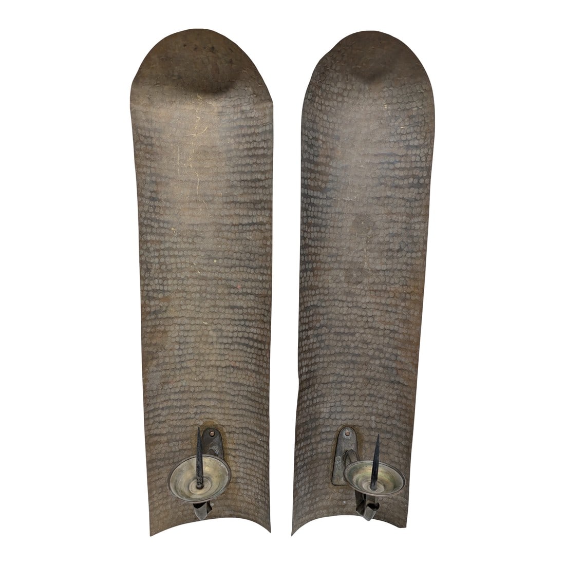 Pair of Antique Italian Hammered Metal Candle Wall Sconces: Excellent pair of Italian Hammered Metal Candle Wall Sconces, with a curved top. Stamped Made in Italy Condition: Alterations: Original Condition Unaltered Imperfections: Some Imperfections Condition