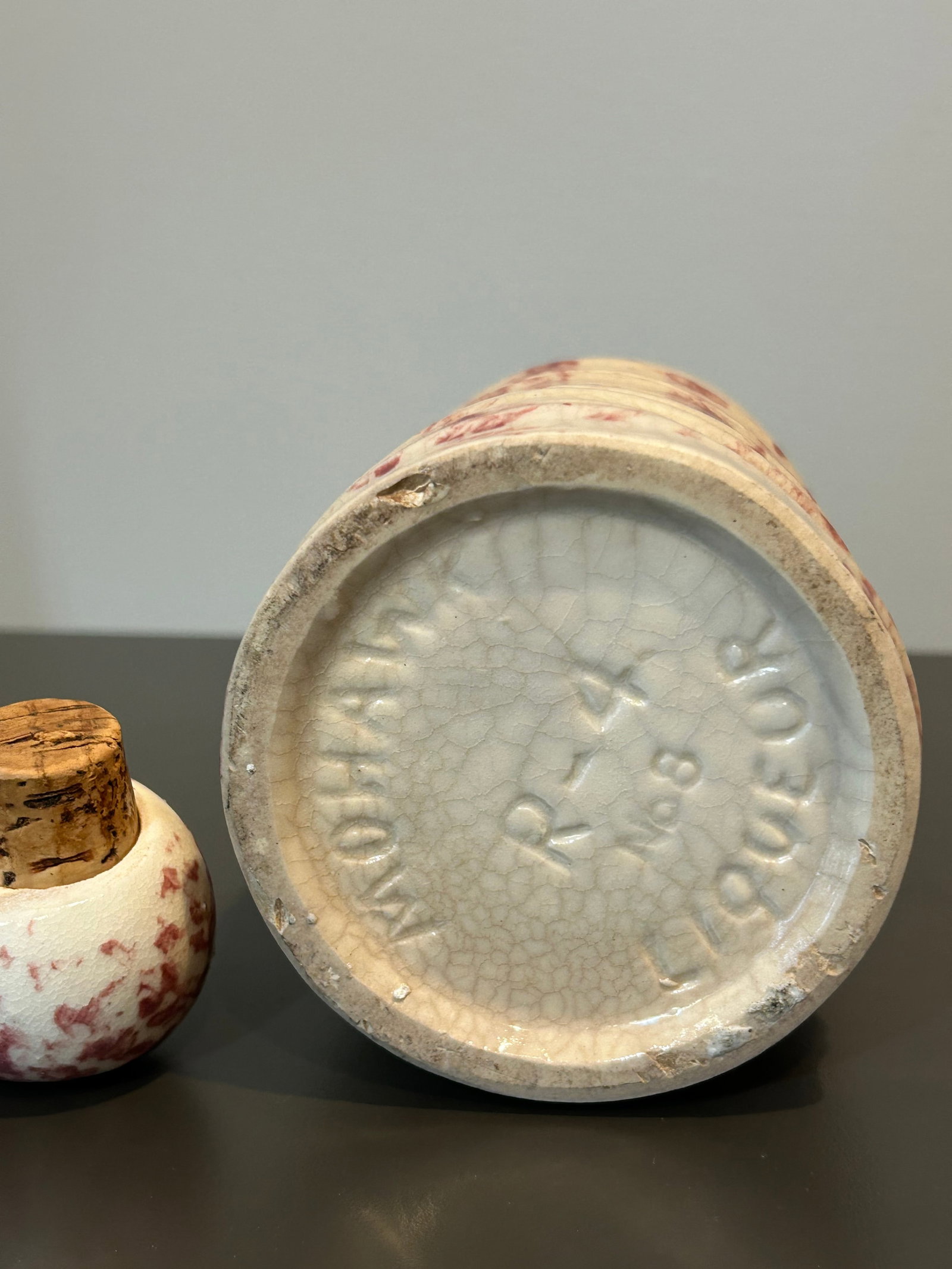 Vintage Mohawk R-4 Cranberry Spongeware Stoneware Jug – Mid-Century Advertising Liquor Bottle - 6