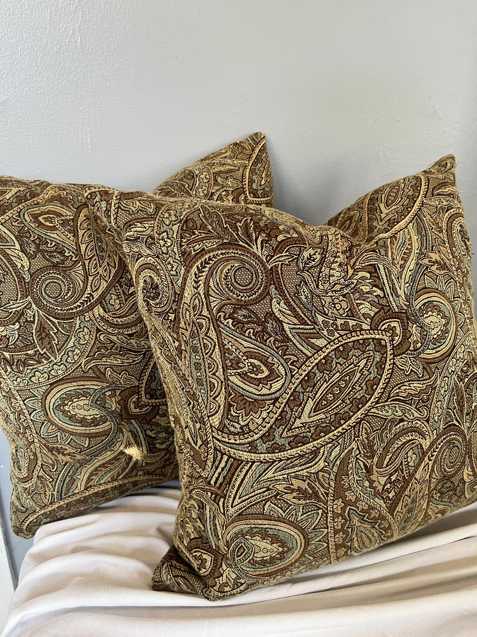Blue and Beige Paisley Pattern Decorative Pillows - A Pair - 3