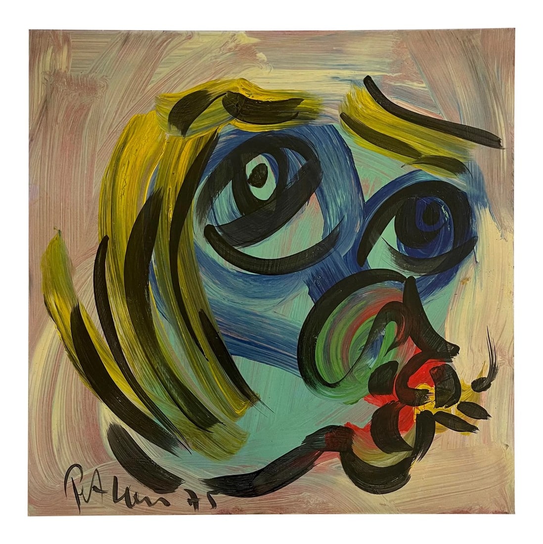 1970s "Picasso Face II" Abstract Face Painting by Peter Keil: Peter Keil is a German artist that focuses primarily on abstract expressionism. Keil painted with some of the greats including Joan MirÃ³, Pablo Picasso and Andy Warhol, to name a few. This