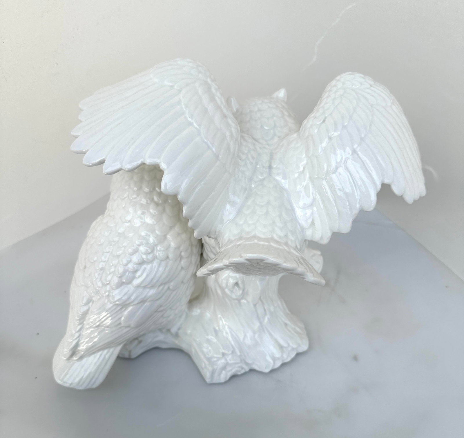 Vintage Ceramic White Owls on Branch - 2