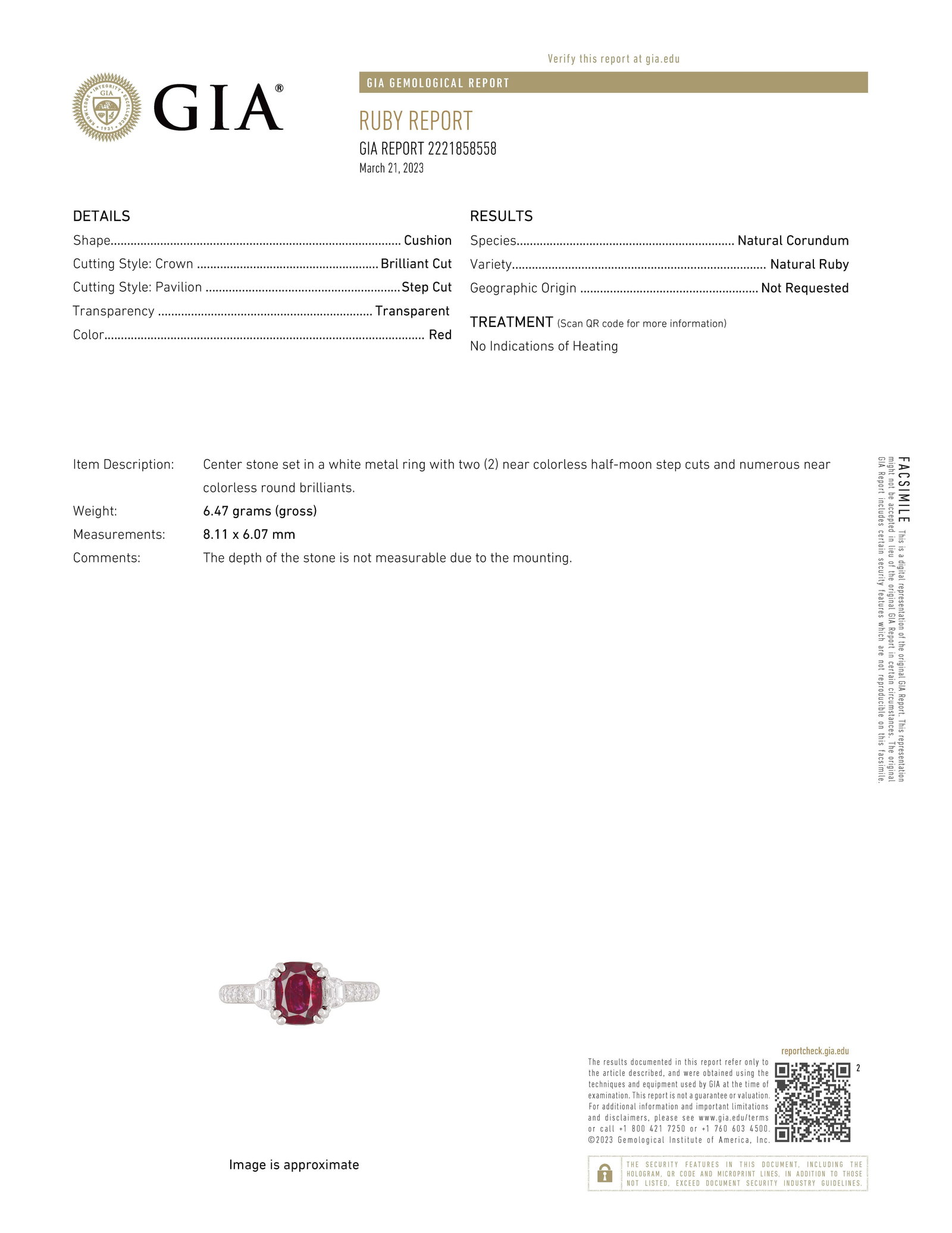 Gia Certified No Heat Cushion Ruby Half Moon Diamond Platinum Cocktail Ring, Size 6.5 - 3