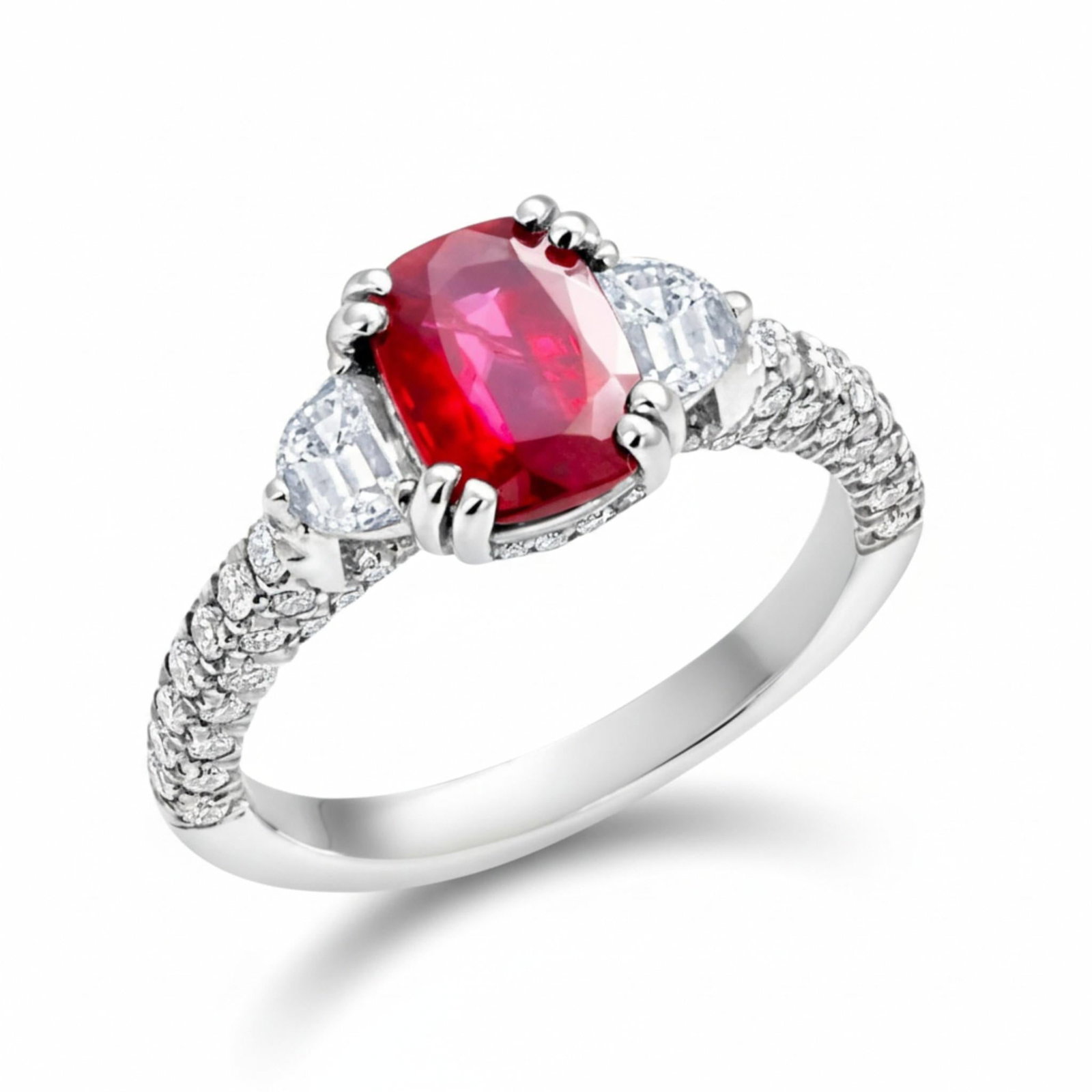 Gia Certified No Heat Cushion Ruby Half Moon Diamond Platinum Cocktail Ring, Size 6.5 - 7
