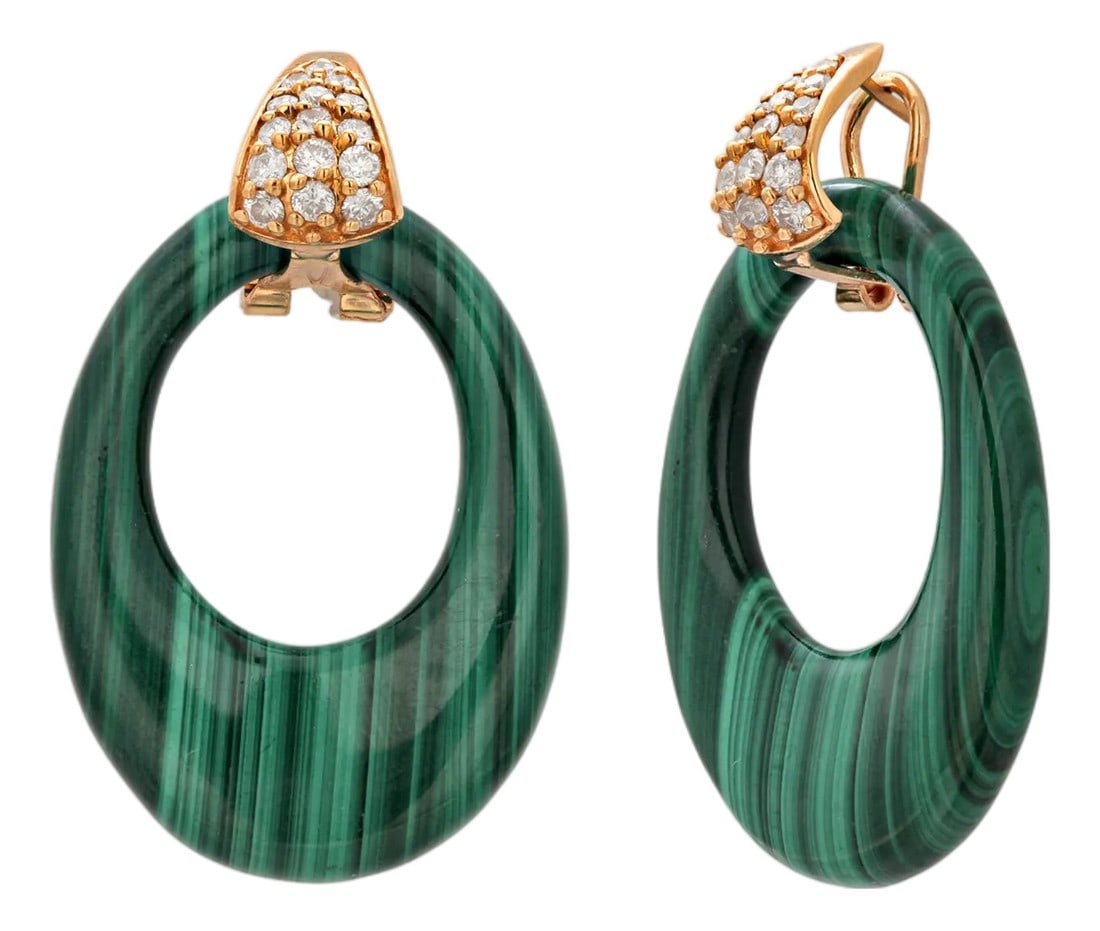 14k Yellow Gold Door Knocker Drop Earrings With Carved Malachite and Diamonds, A Pair: These striking 14K yellow gold door knocker drop earrings showcase carved open-circle malachite hardstones suspended from elegant gold closures, accented by a pavé of natural diamonds totaling