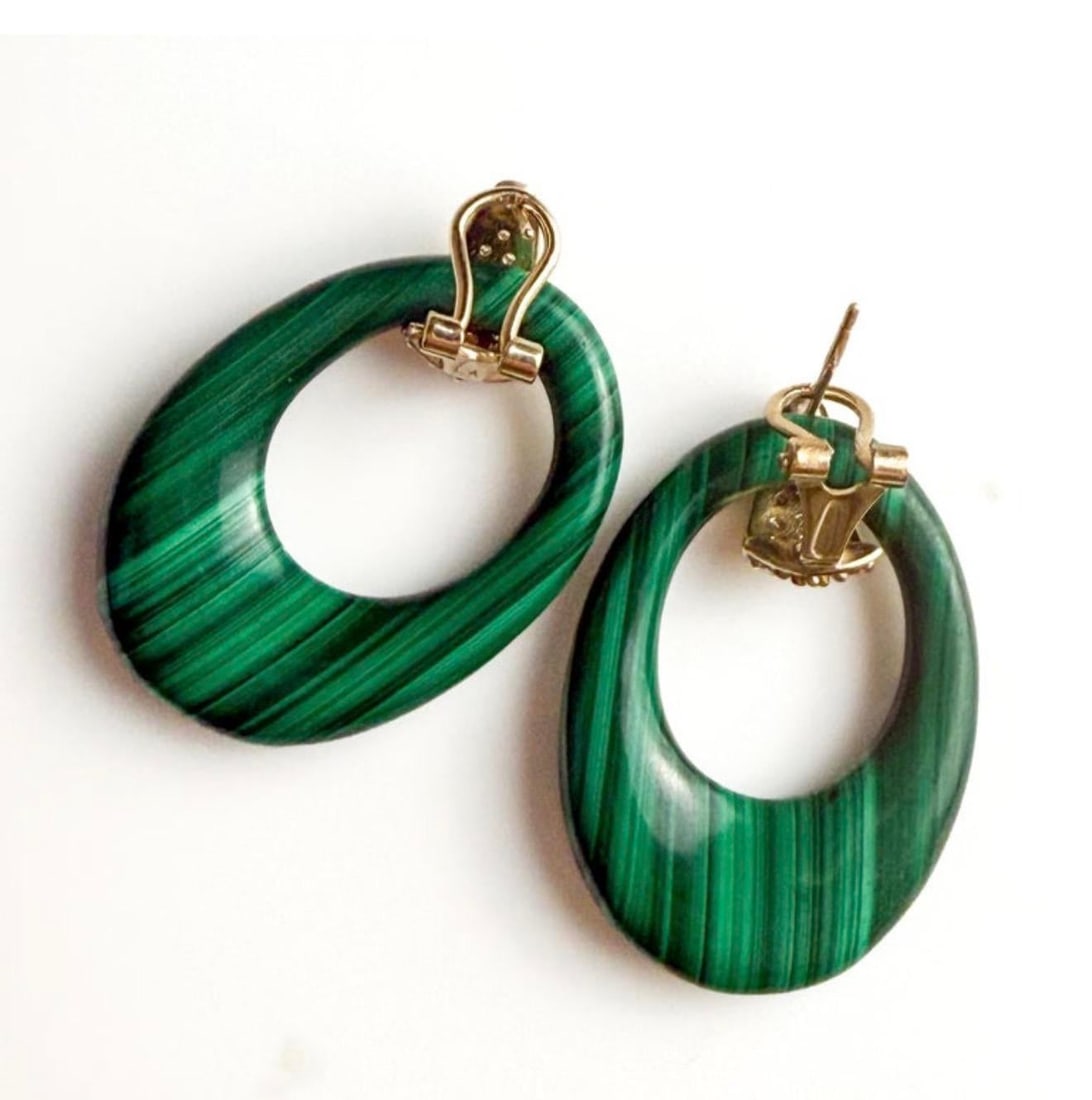 14k Yellow Gold Door Knocker Drop Earrings With Carved Malachite and Diamonds, A Pair - 5
