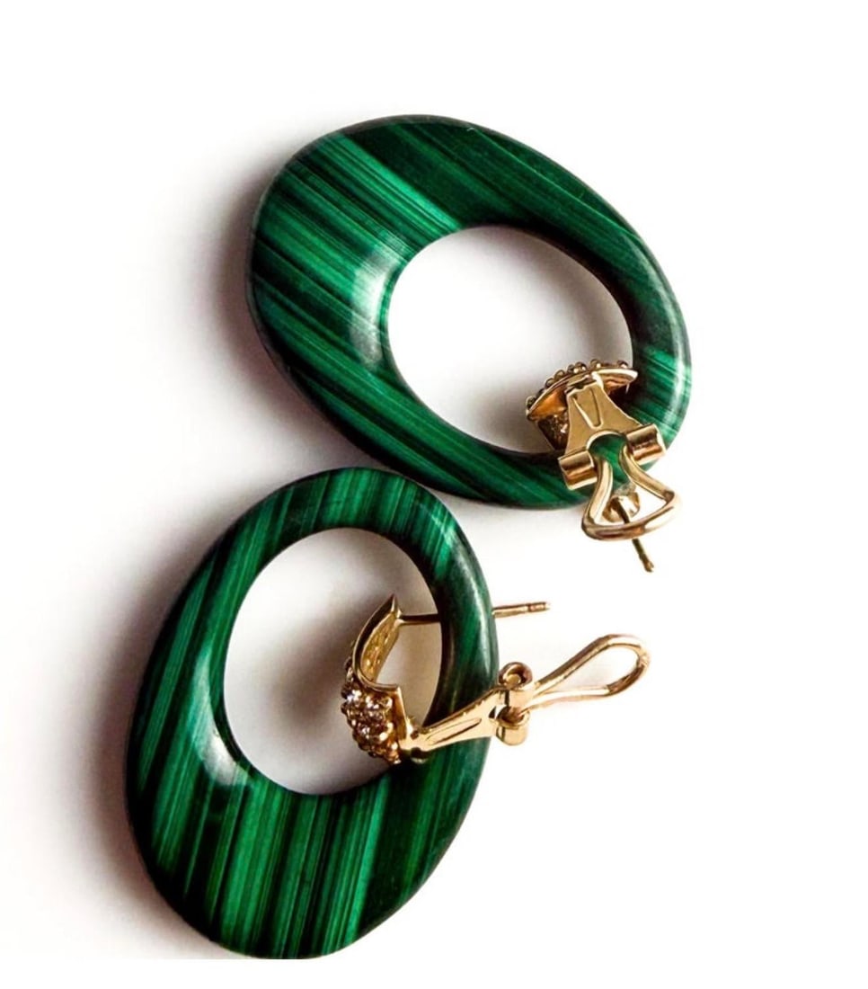 14k Yellow Gold Door Knocker Drop Earrings With Carved Malachite and Diamonds, A Pair - 6