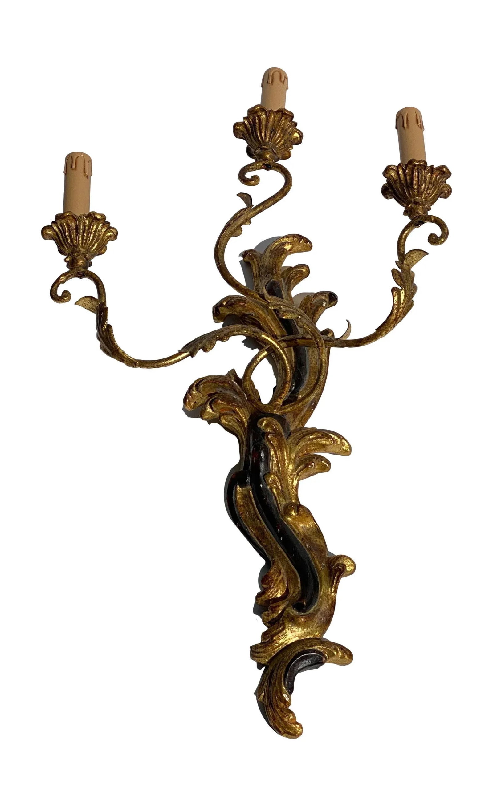 1960s Italian Hand Carved Wood & Metal Three Light Sconces - a Pair - 2