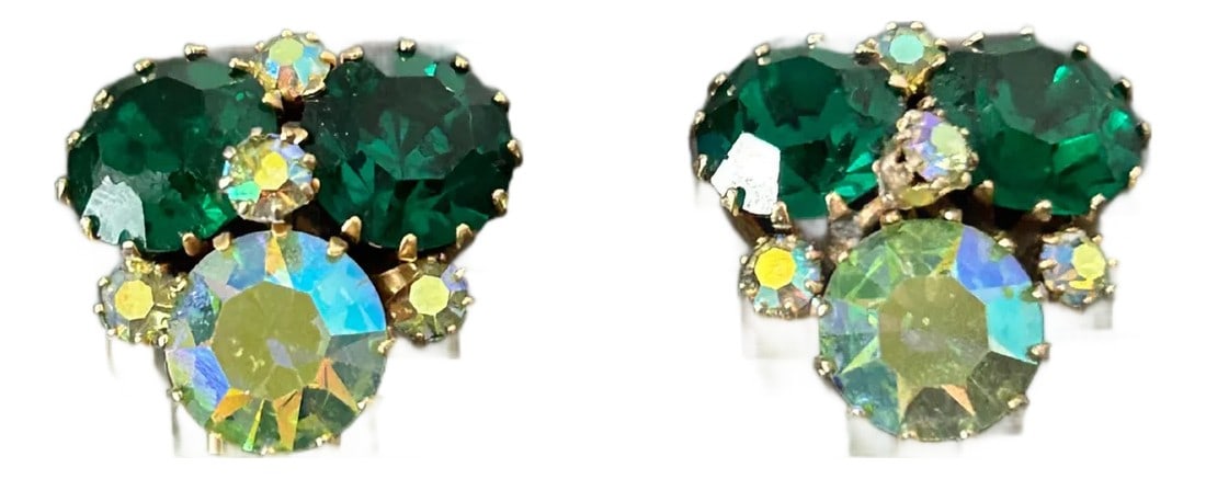Vintage Weiss Green & Aurora Borealis Rhinestone Cluster Clip-on Earrings | Mid-Century Austrian Cry (1 of 5)