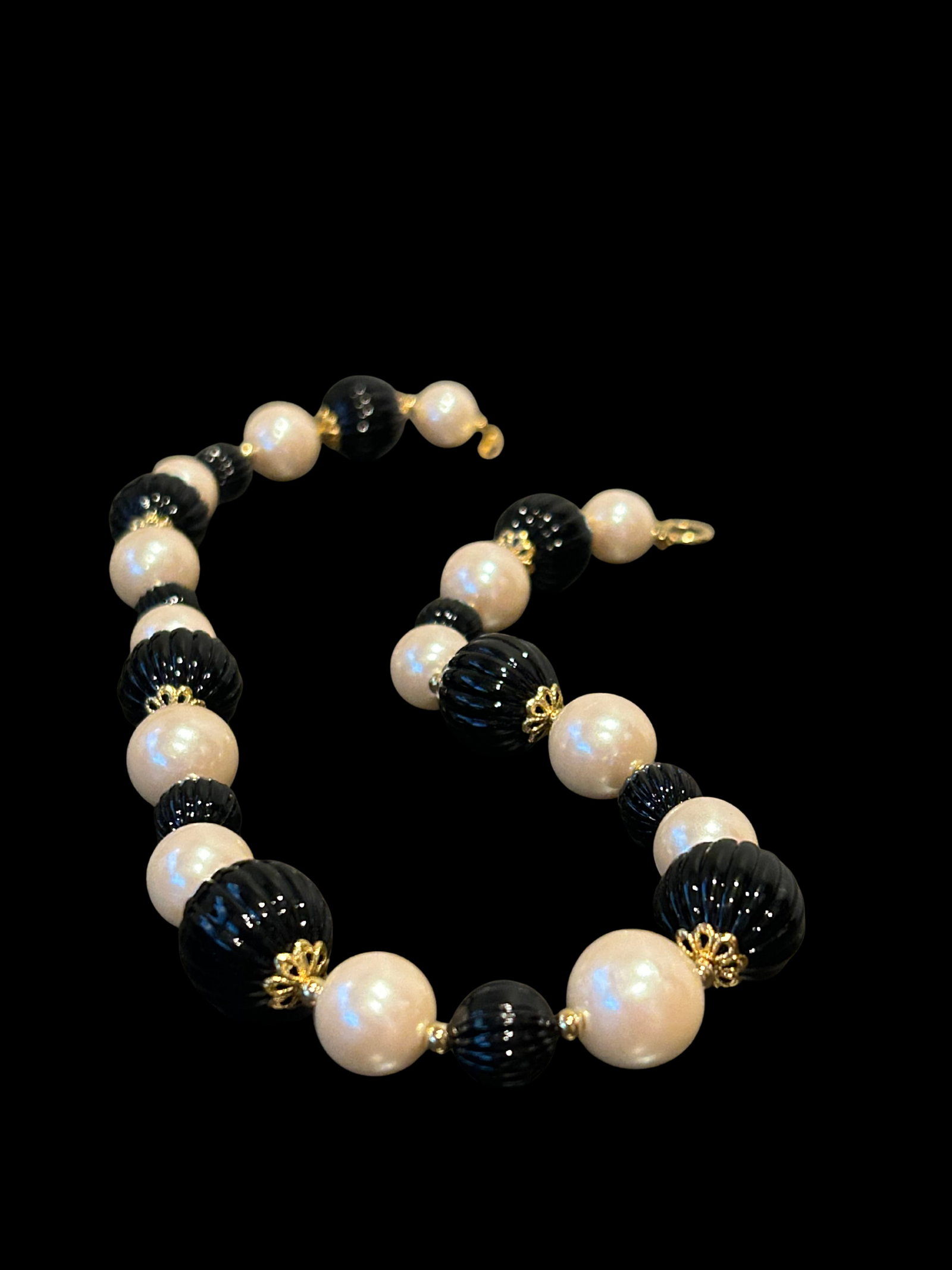 Vintage Trifari Gold-Tone Faux Pearl & Black Ribbed Bead Necklace | Signed Trifari Tm | Classic Mid- - 2