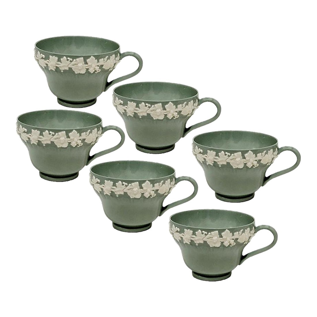 Footed Cup Cream Color on Celadon (Shell Edge) by Wedgwood -Set of 6: Set of 6 Wedgwood Queensware Embossed Cream color on Celadon (or Green) shell edge cups, Made in England of porcelain or fine glazed earthenware. The design features a light green body with an