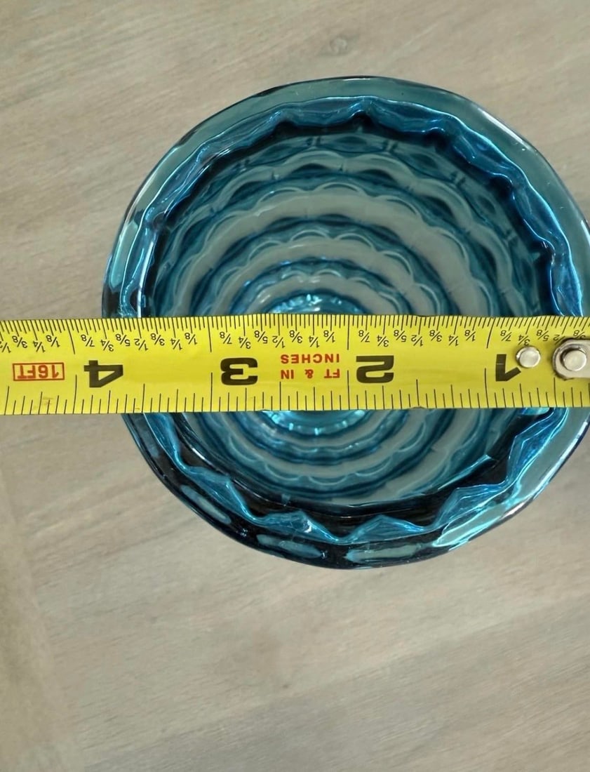 Blown Art Glass Vase Teal Blue With Pattern in Glass 11" - 5