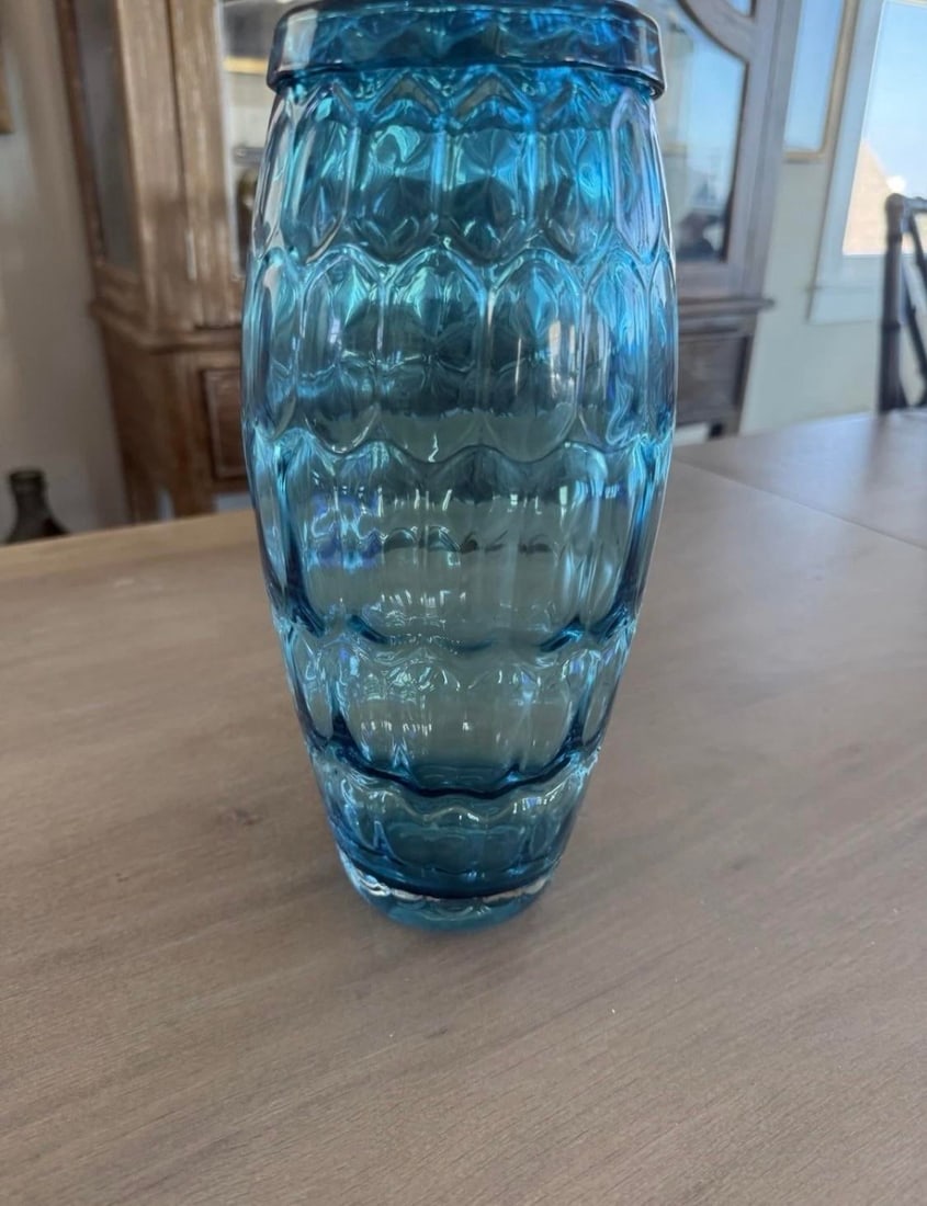 Blown Art Glass Vase Teal Blue With Pattern in Glass 11" - 7