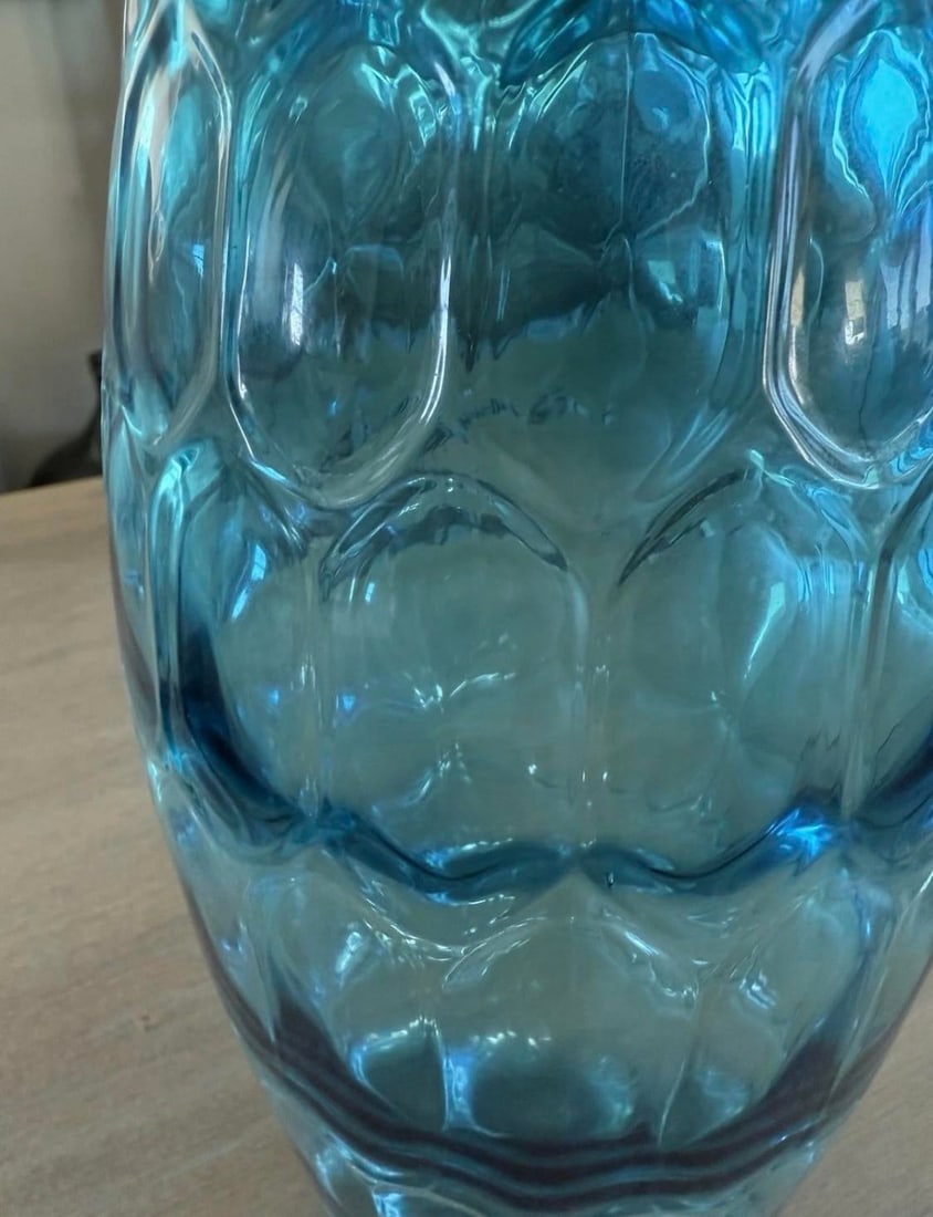 Blown Art Glass Vase Teal Blue With Pattern in Glass 11" - 9